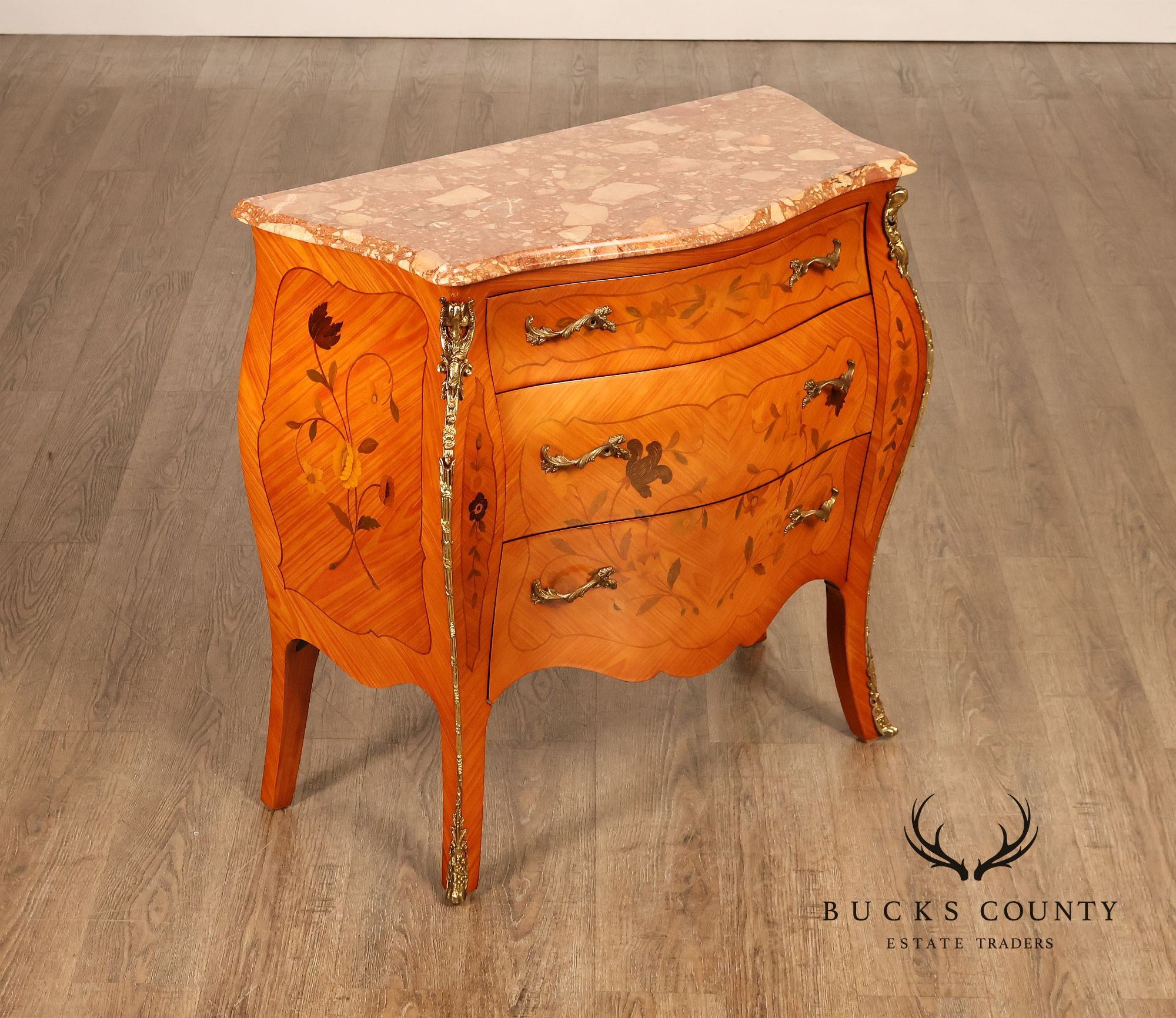 Italian Louis XV Style Marquetry Inlaid Marble Top Bombe Chest Commode