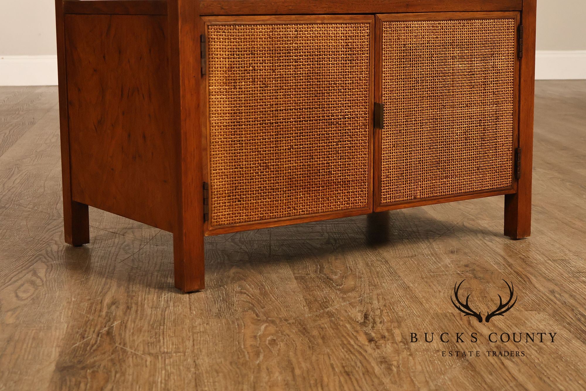 Mid-Century Modern Glass Top Walnut and Cane Side Cabinet