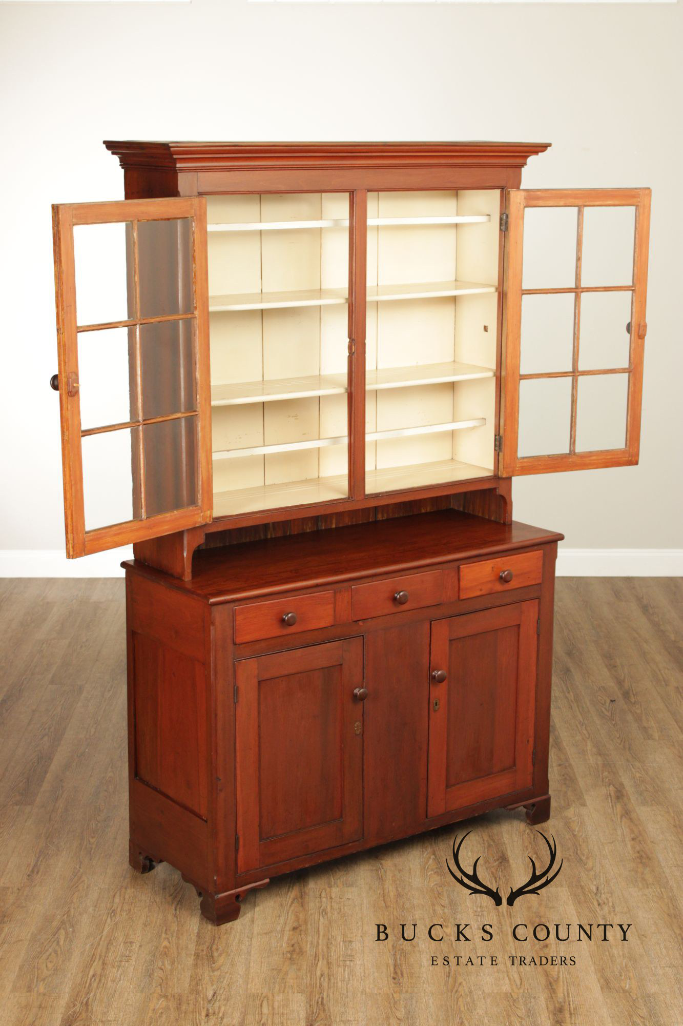 Antique American Cherry Dutch Cupboard Two Piece Hutch Cabinet