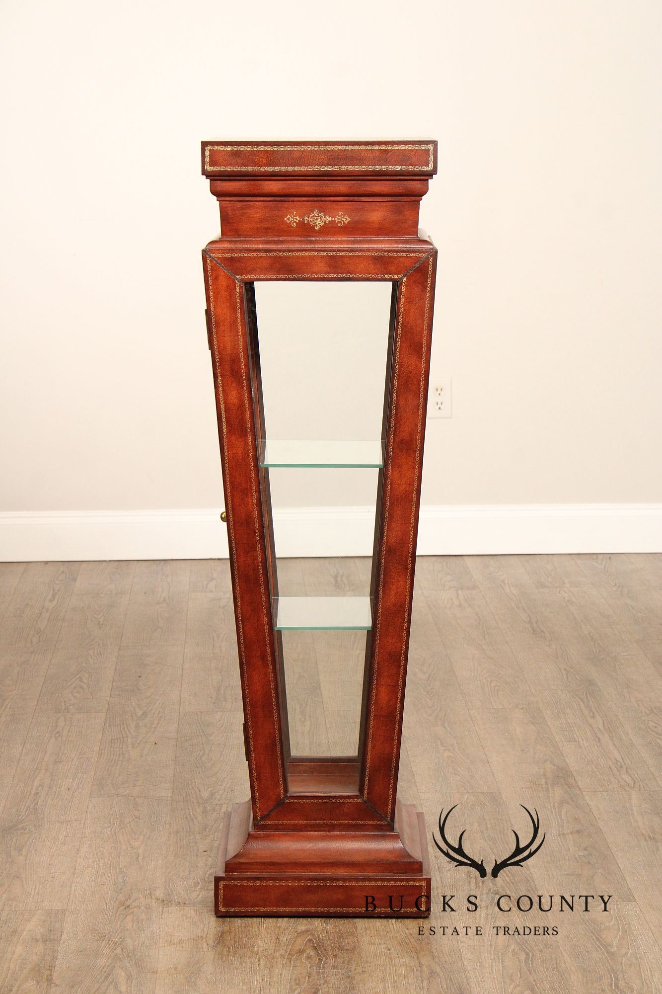 Maitland Smith Leather Wrapped Pedestal Display Cabinet