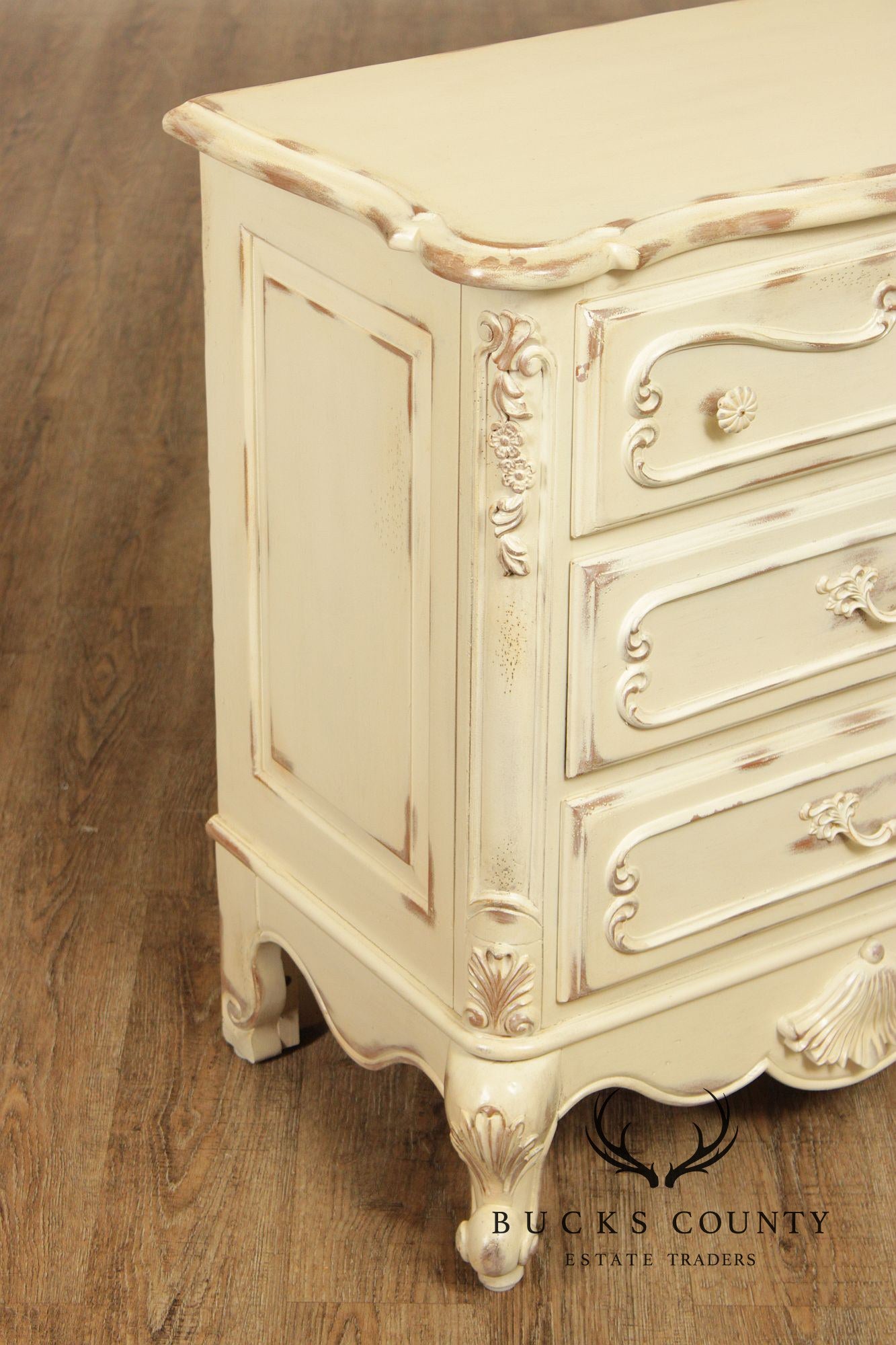 Lane French Provincial Style Pair of Distressed Cream Painted Nightstands