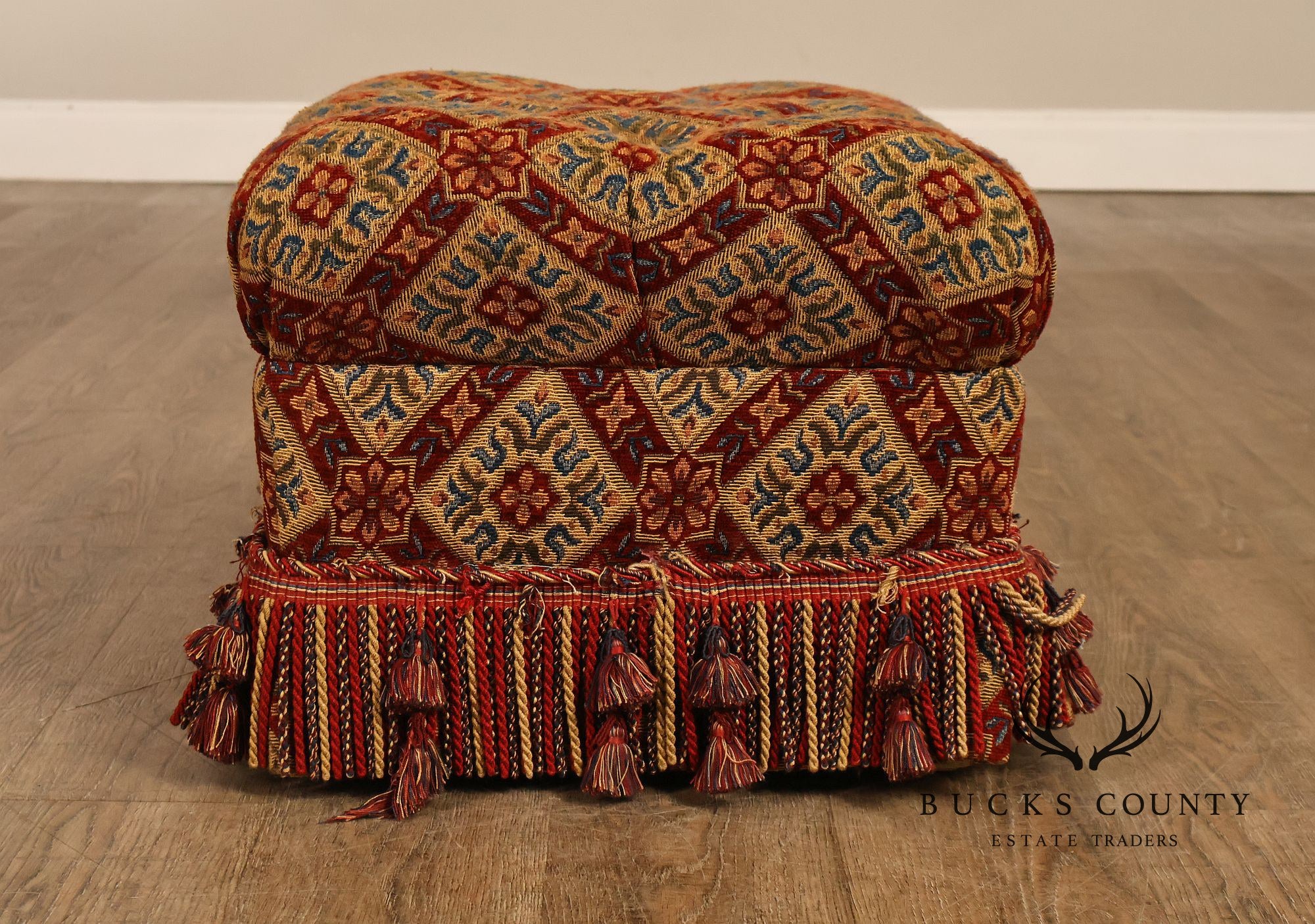 Pair of Tufted Upholstered Tassel Fringe Footstools Ottomans