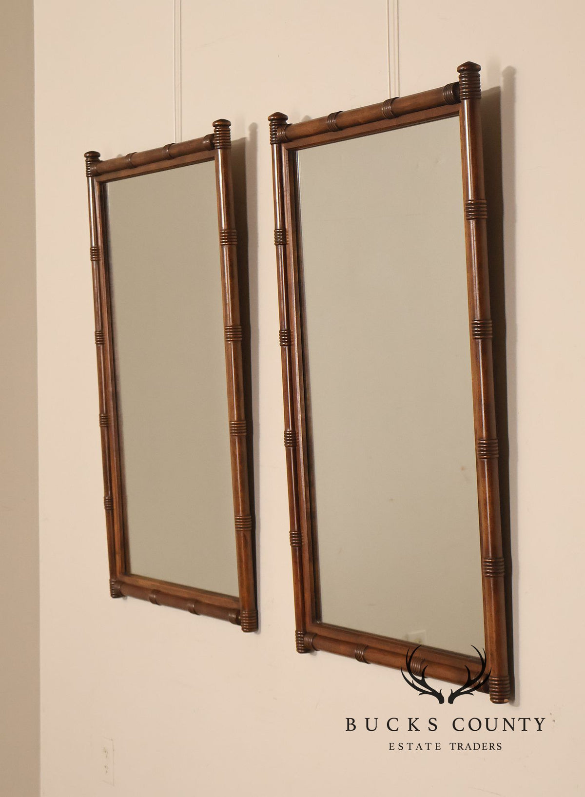 Vintage Pair of Faux Bamboo Wood Framed Wall Mirrors