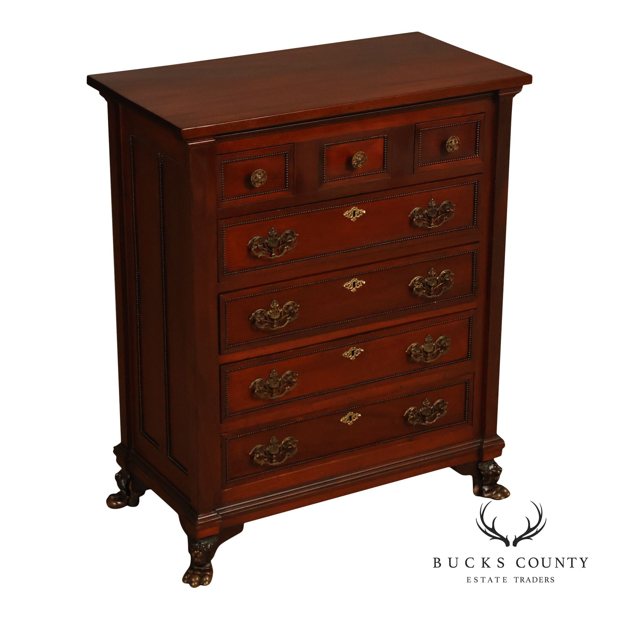 Antique Victorian Mahogany Chest Of Drawers With Brass Lion Paw Feet