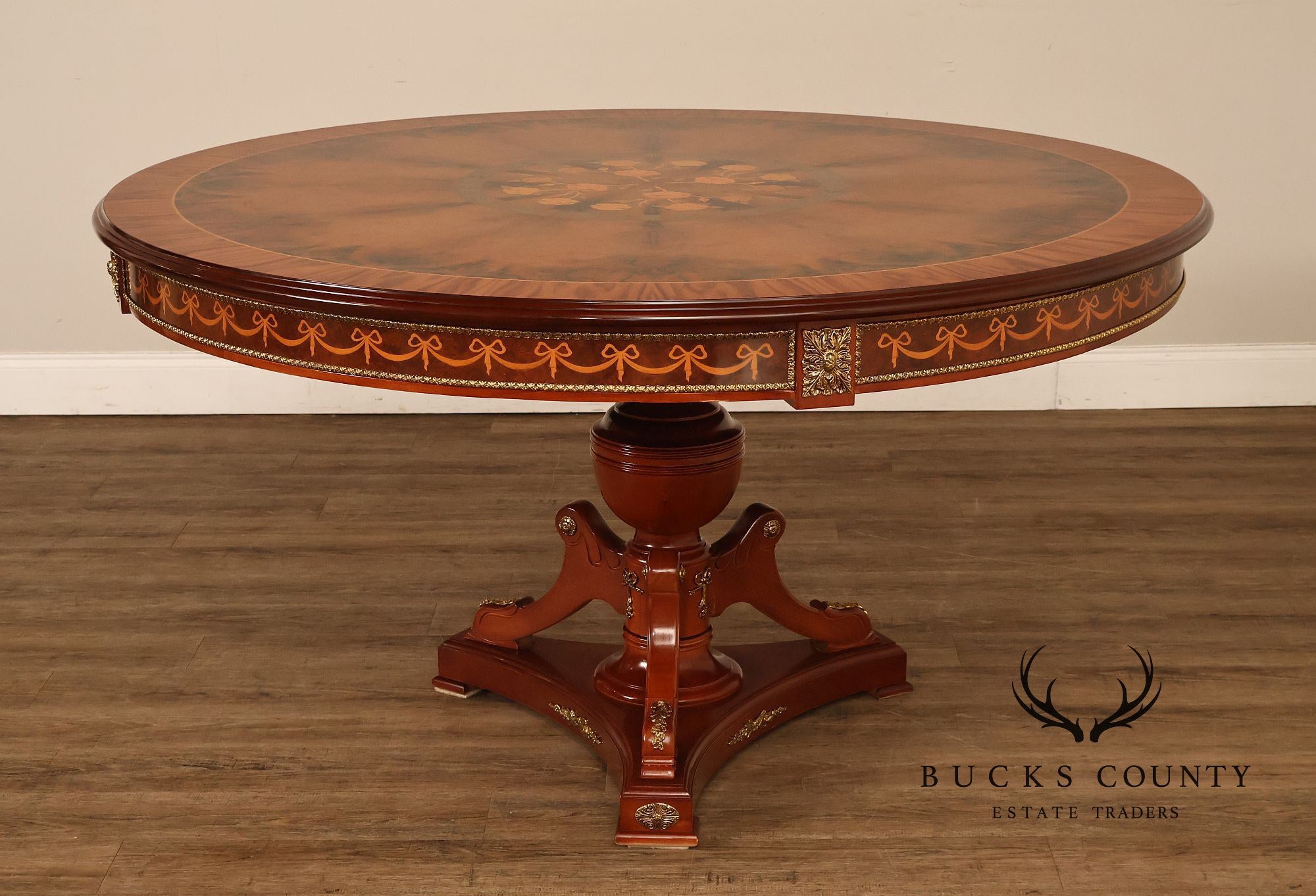 60” Round Pedestal Inlaid Burl Wood Dining or Center Table