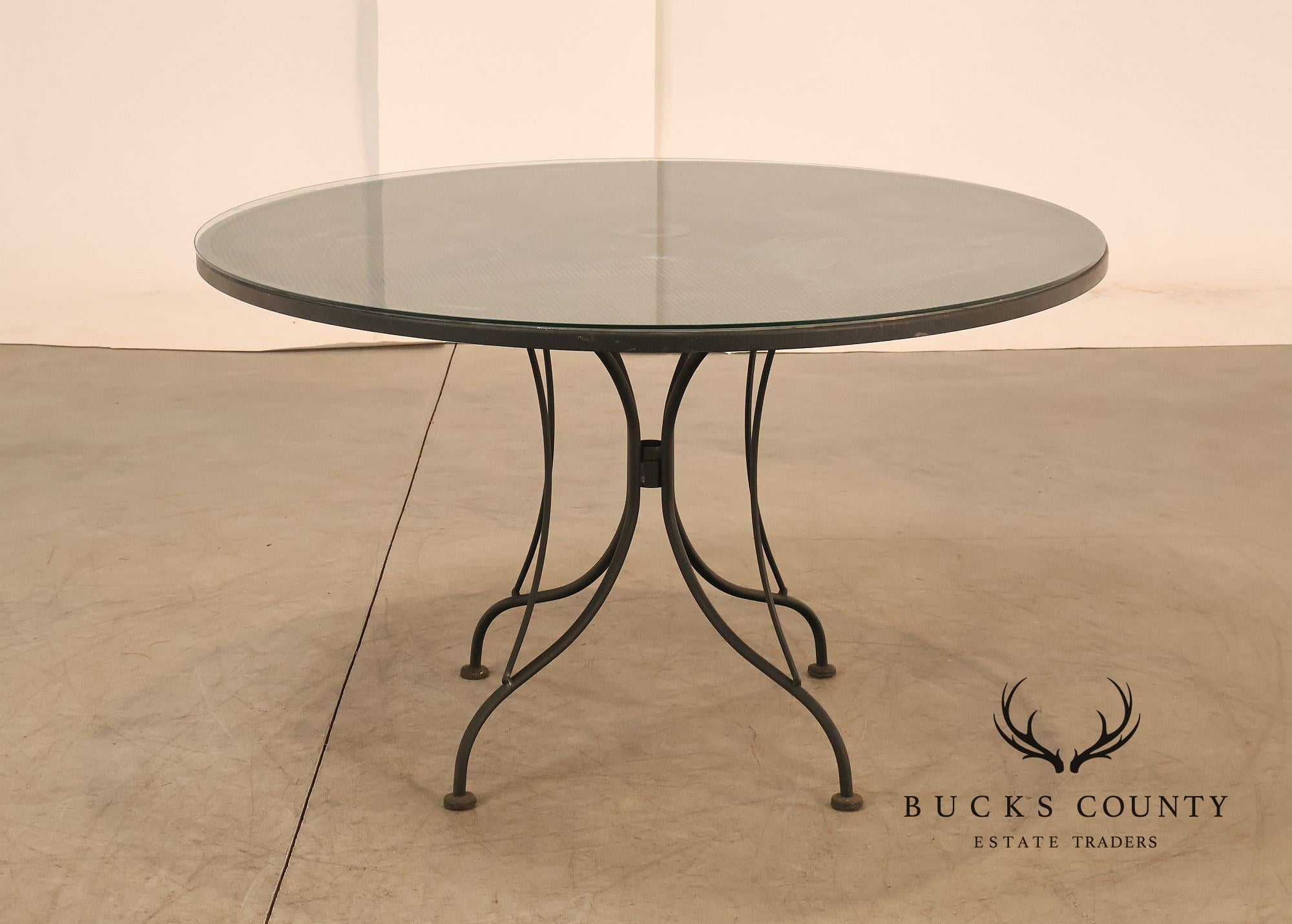 Vintage Round Glass Top Wrought Iron Outdoor Patio Dining Table