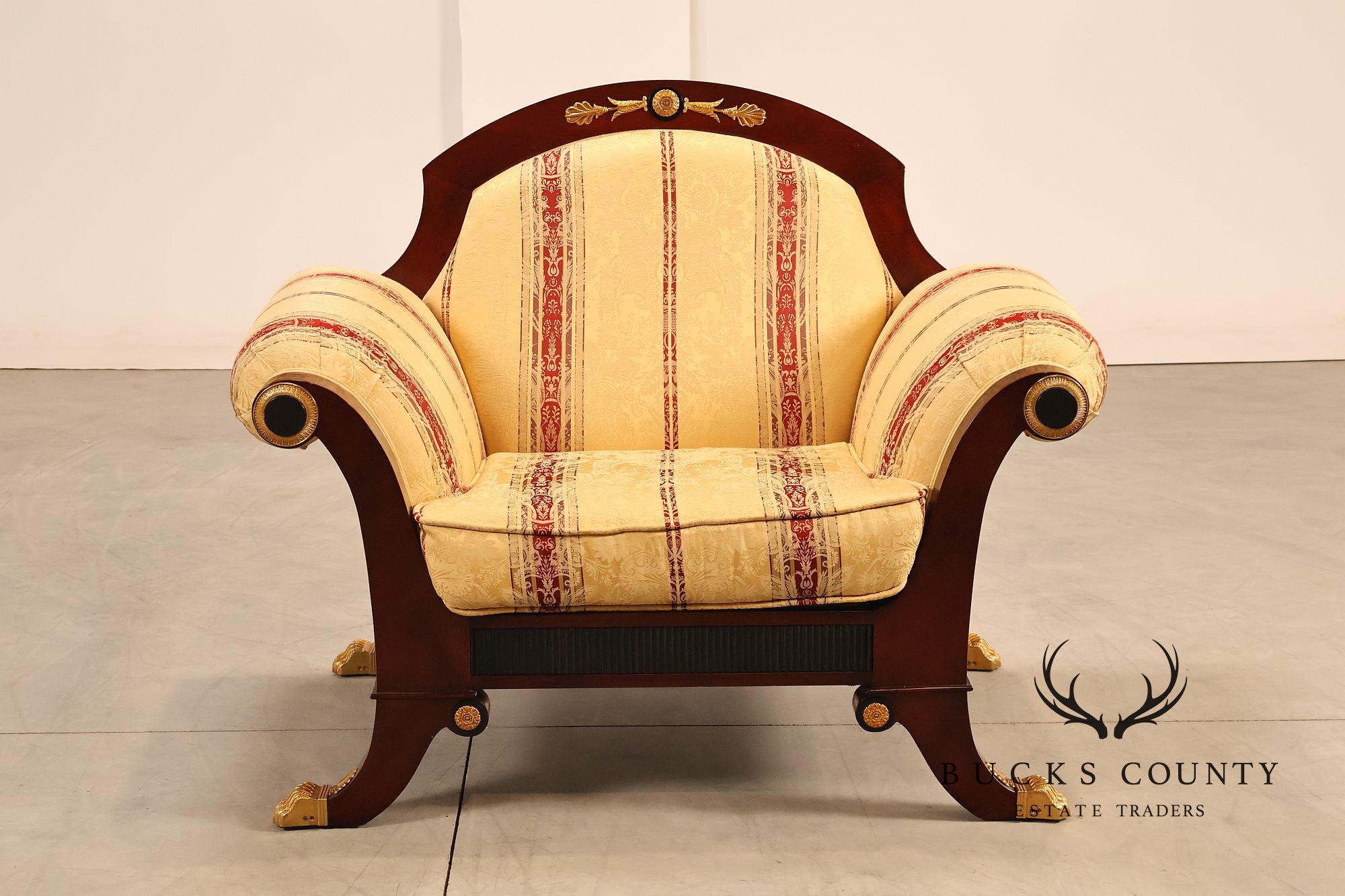 Empire Neoclassical Style Mahogany Upholstered Armchair With Gilt Bronze Accents