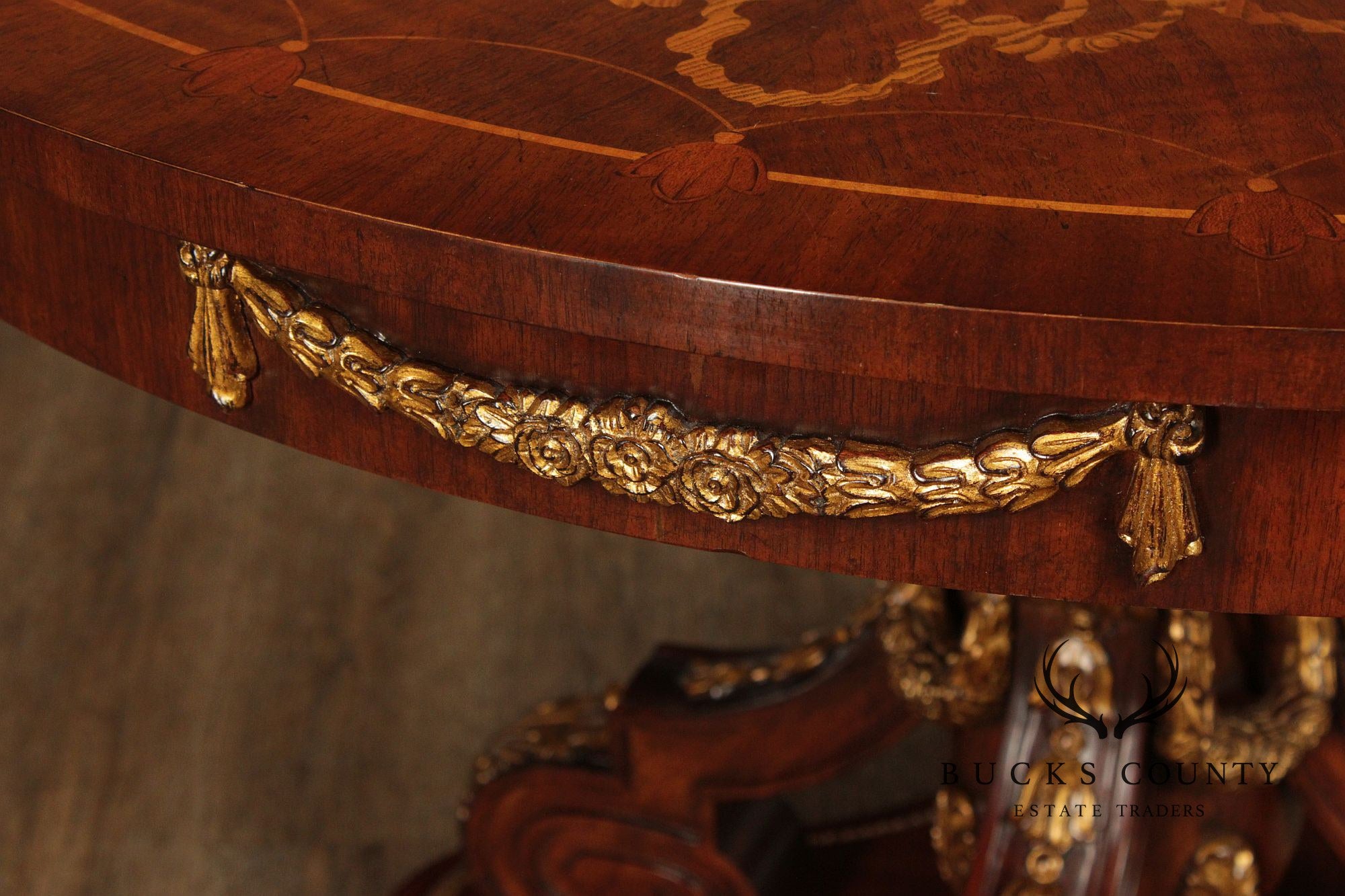 Maitland-Smith Round Inlaid Mahogany Round Center Table With Gilt Accents