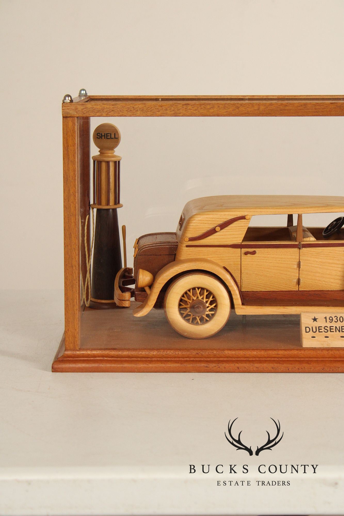 Carved Wood 1930 Duesenberg Model J in Display Case