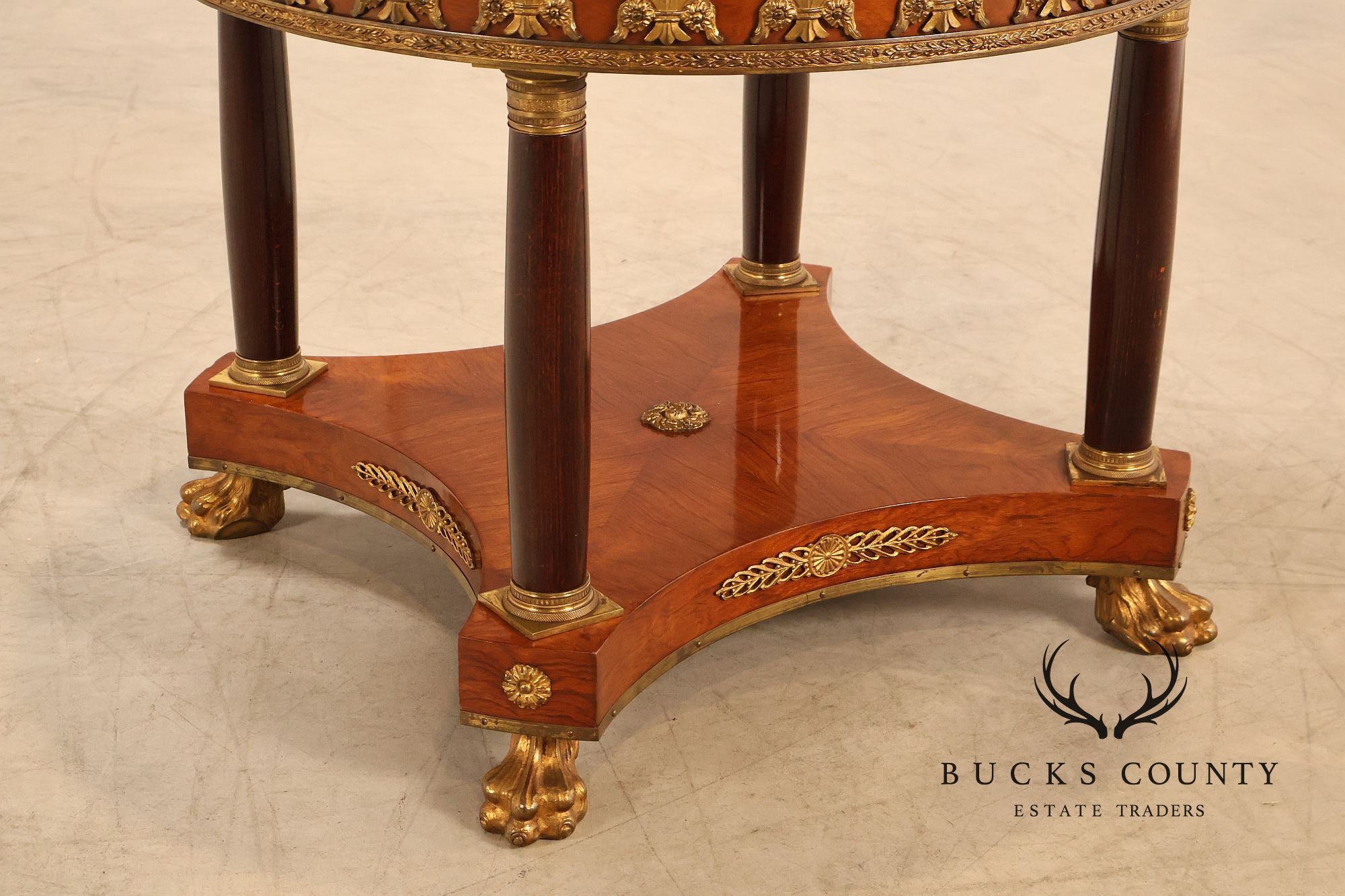 Empire Style Ormolu Mounted Round Marquetry Inlaid Cocktail Table