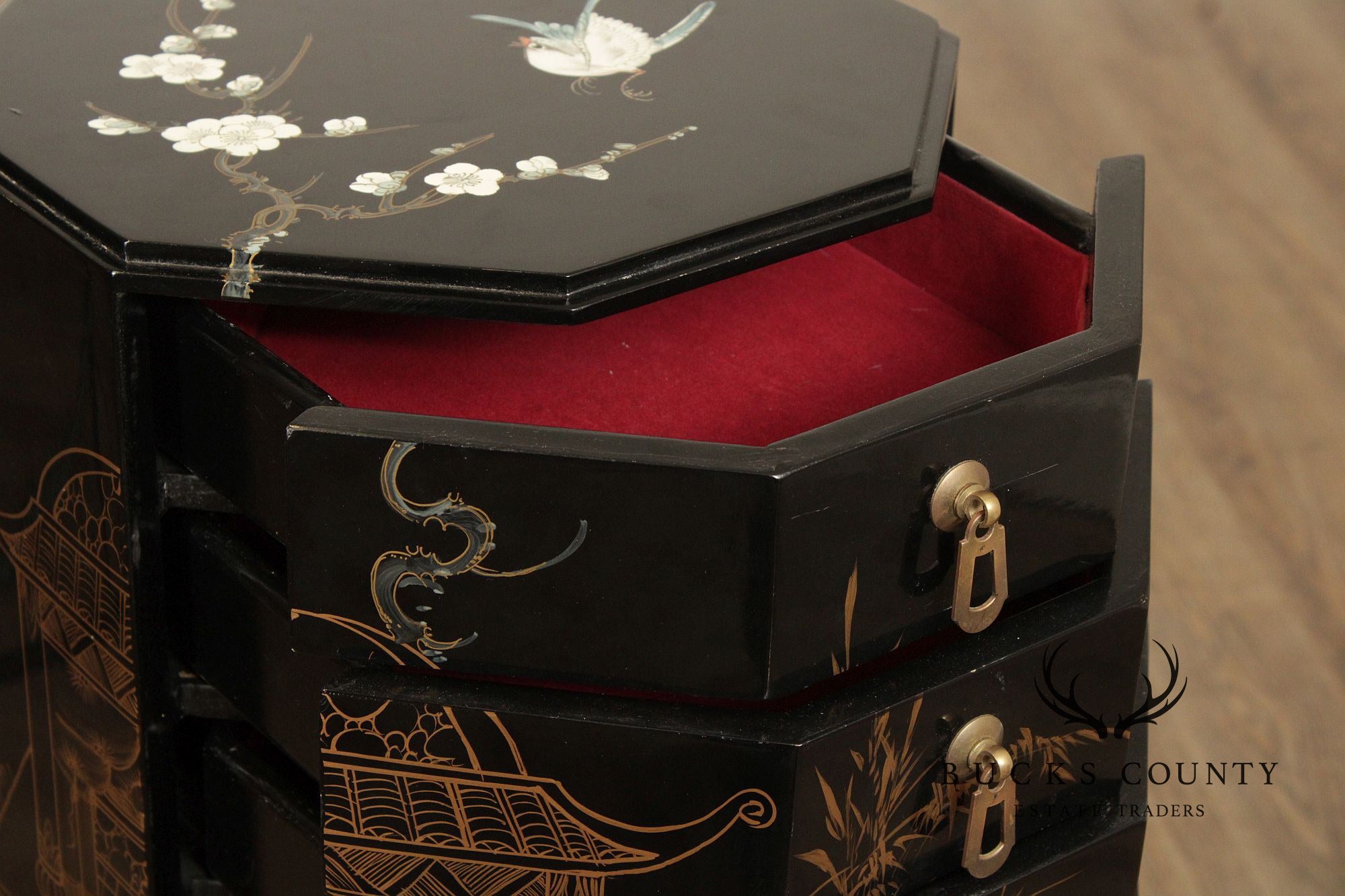Chinoiserie Decorated Black Lacquer Jewelry Chest