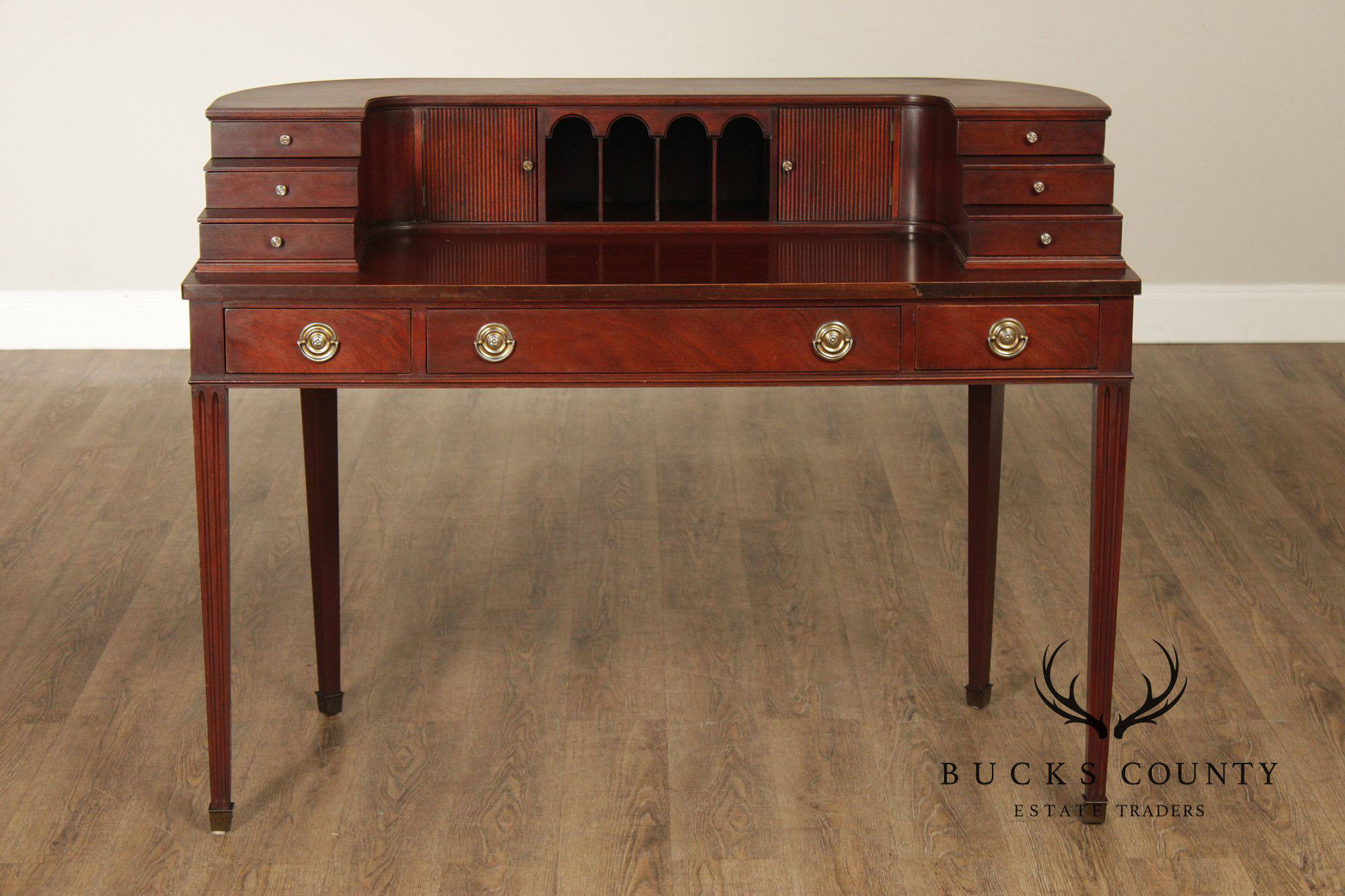 1940's Federal Style Mahogany Carlton House Desk With Tambour Doors