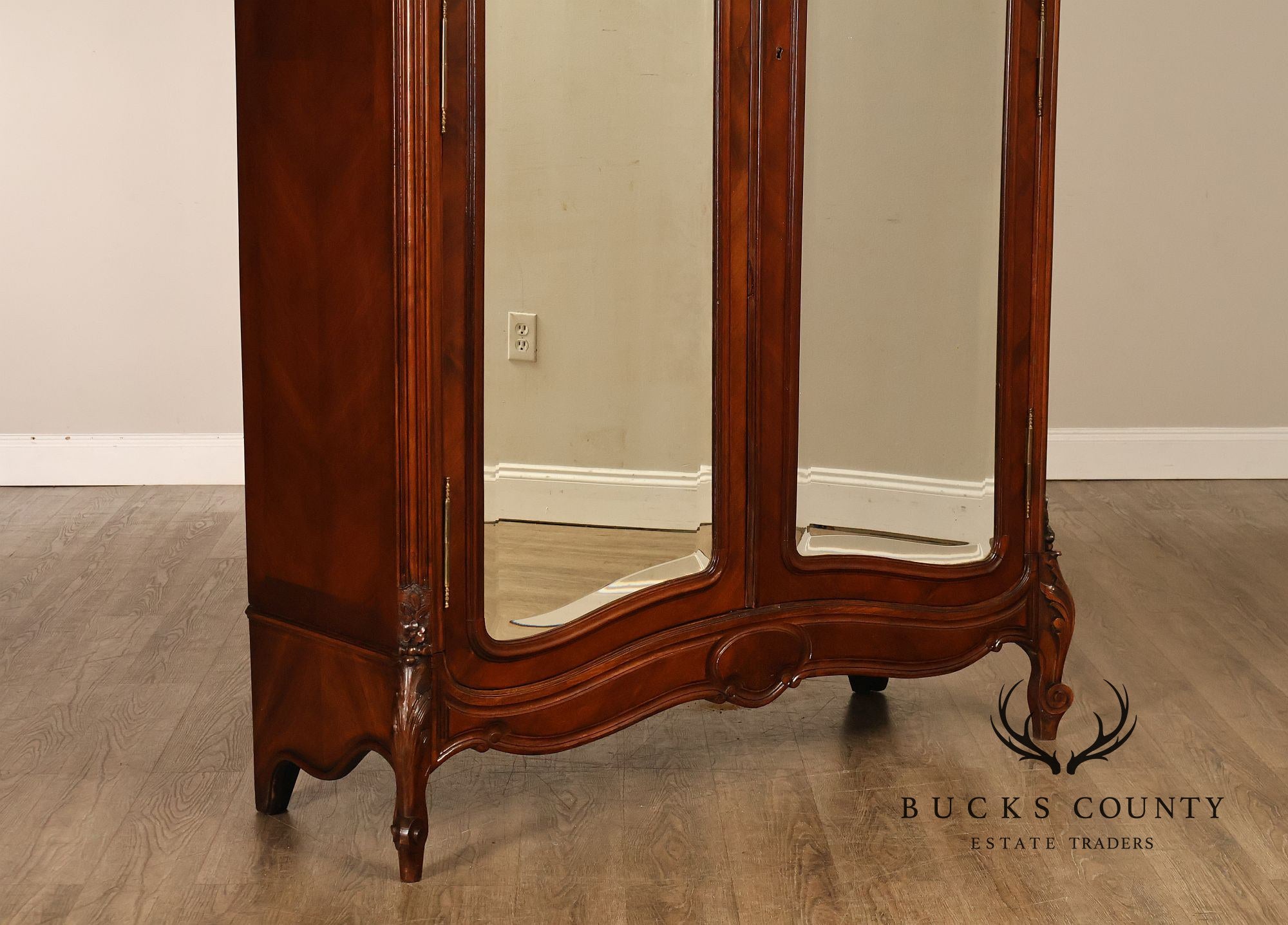 French Louis XV Style Antique Carved Mahogany Mirrored Armoire
