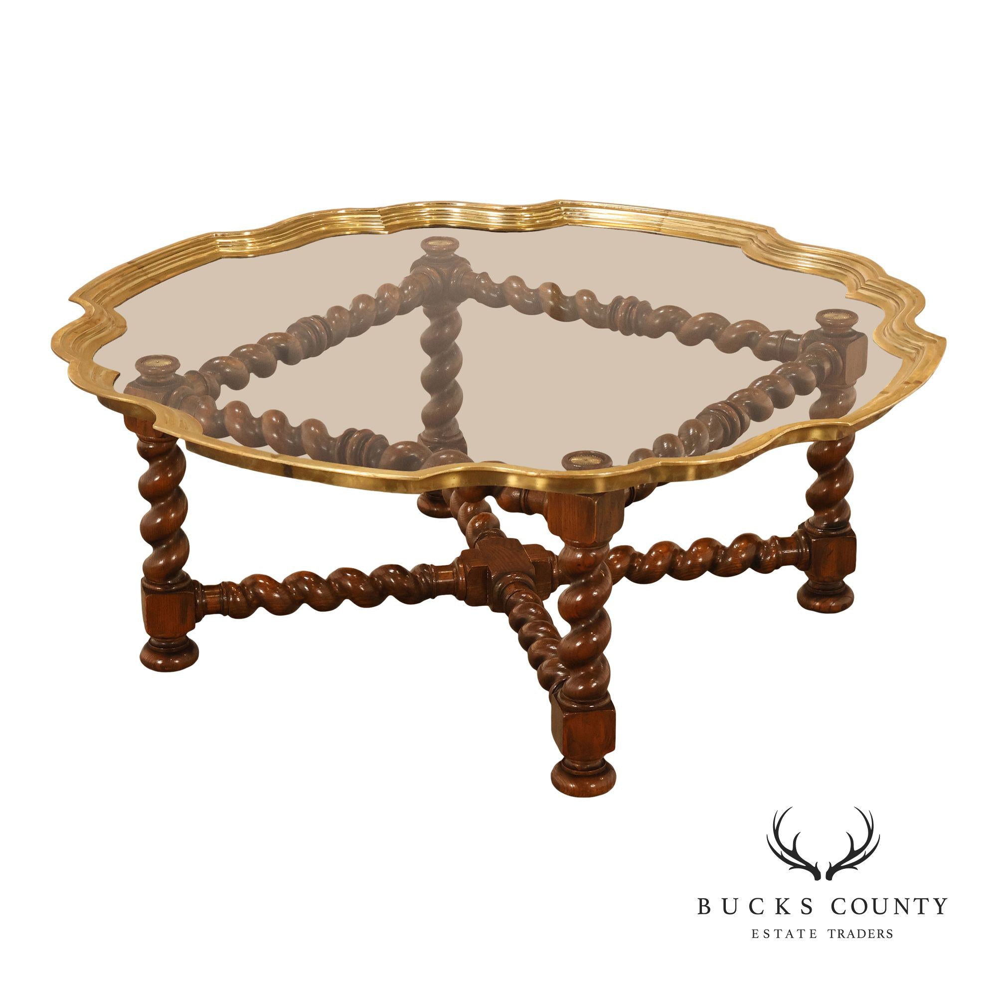 Baker Vintage Oak Barley Twist Scalloped Brass And Glass Top Coffee Table