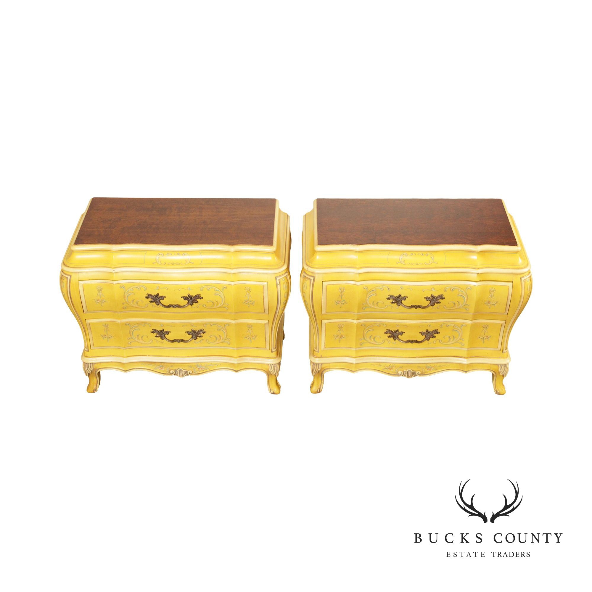 Karges Louis XV Style Pair of Florentine Painted Bombe Chest Nightstands