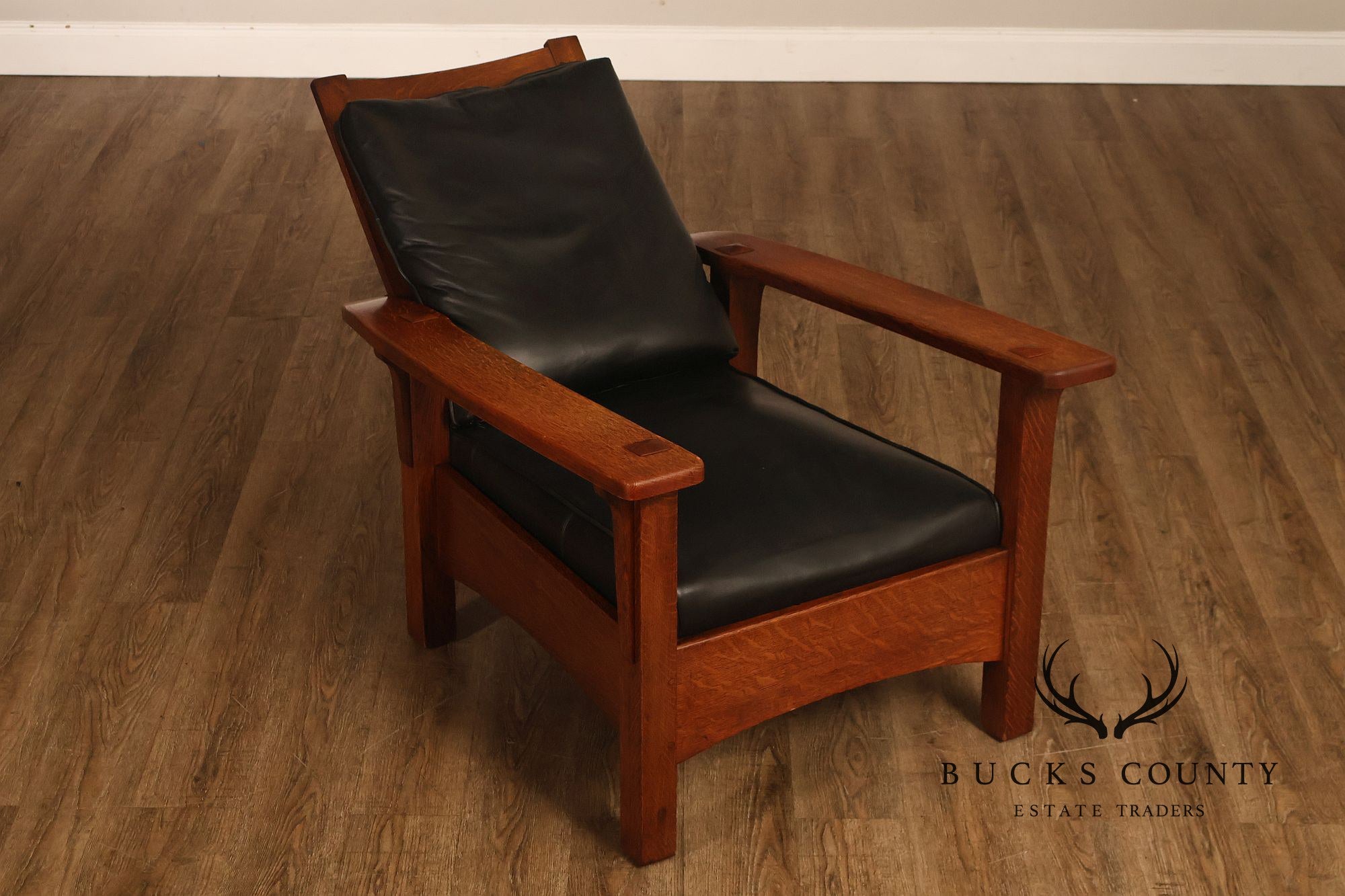 Antique Limbert Arts And Crafts Oak Morris Chair With Leather Cushions