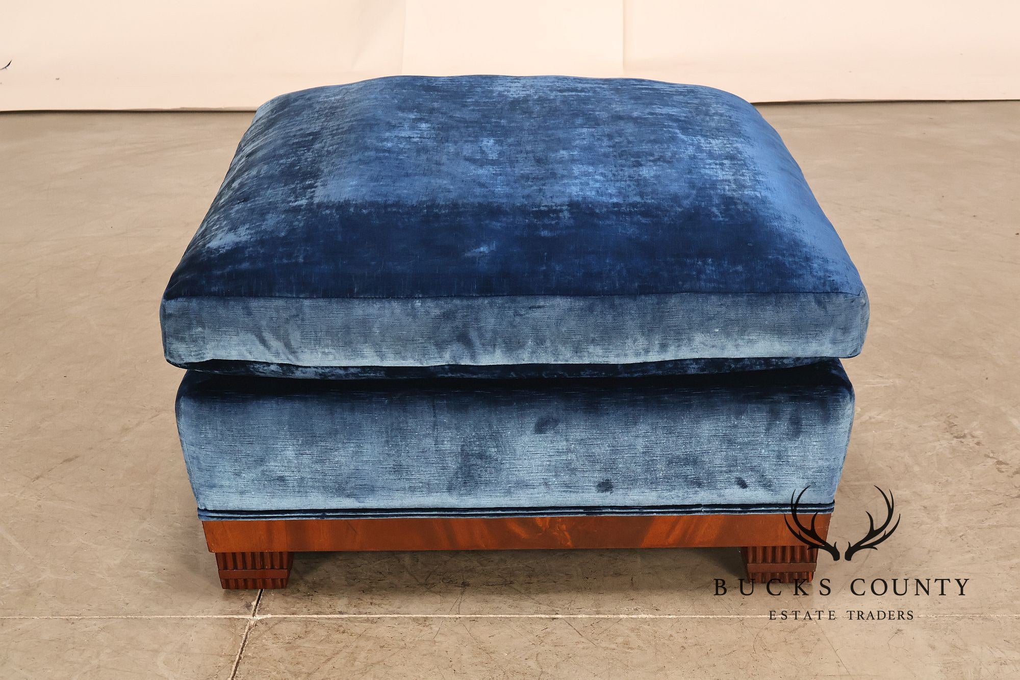 Art Deco Style Large Custom Blue Velvet and Mahogany Ottoman
