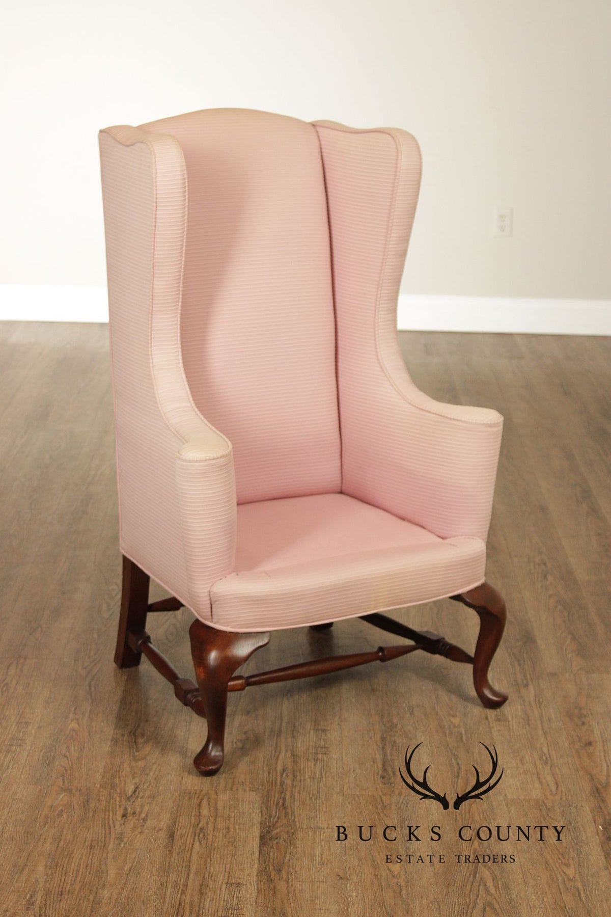 Custom Quality Vintage Pink Upholstered Wingback Chair With Cabriole Legs