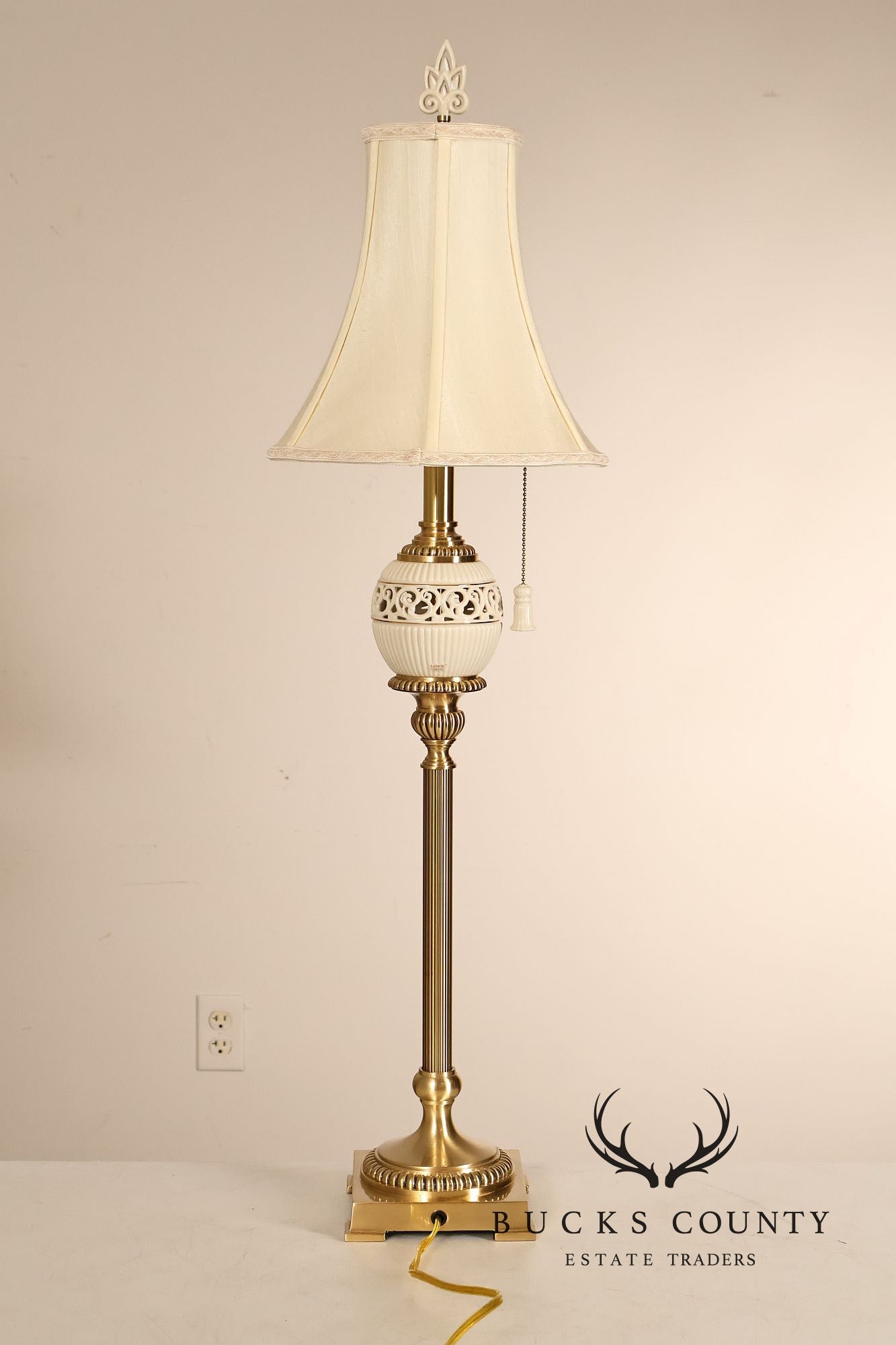 Lenox For Quoizel Pair of Brass and Porcelain Tall Table Lamps