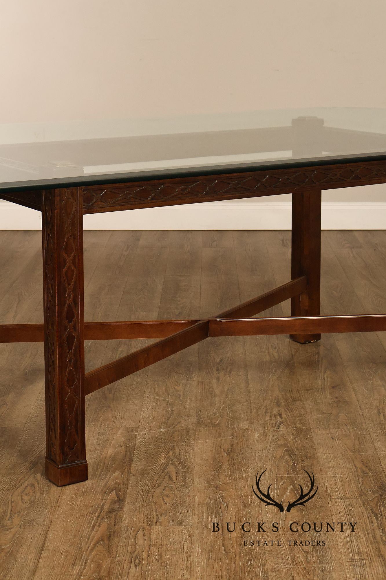 Chinese Chippendale Style Glass Top Mahogany Dining Table