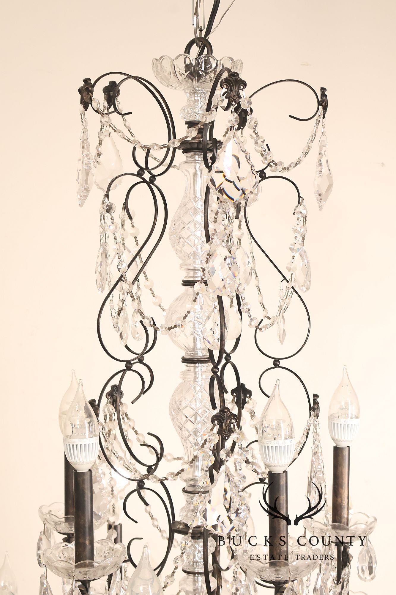 Large Twenty-Light Crystal And Wrought Iron 55" Chandelier