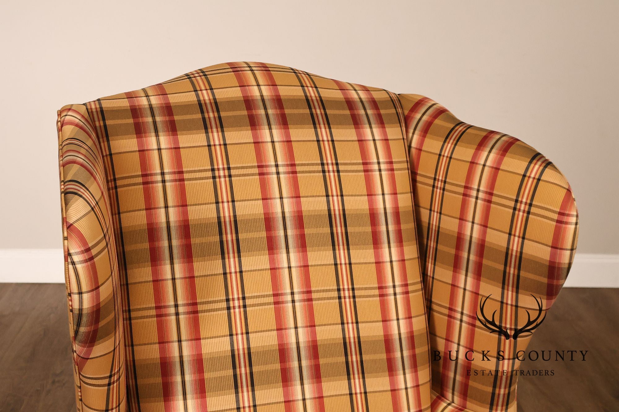 Ethan Allen Chippendale Style Plaid Upholstered Wing Chair