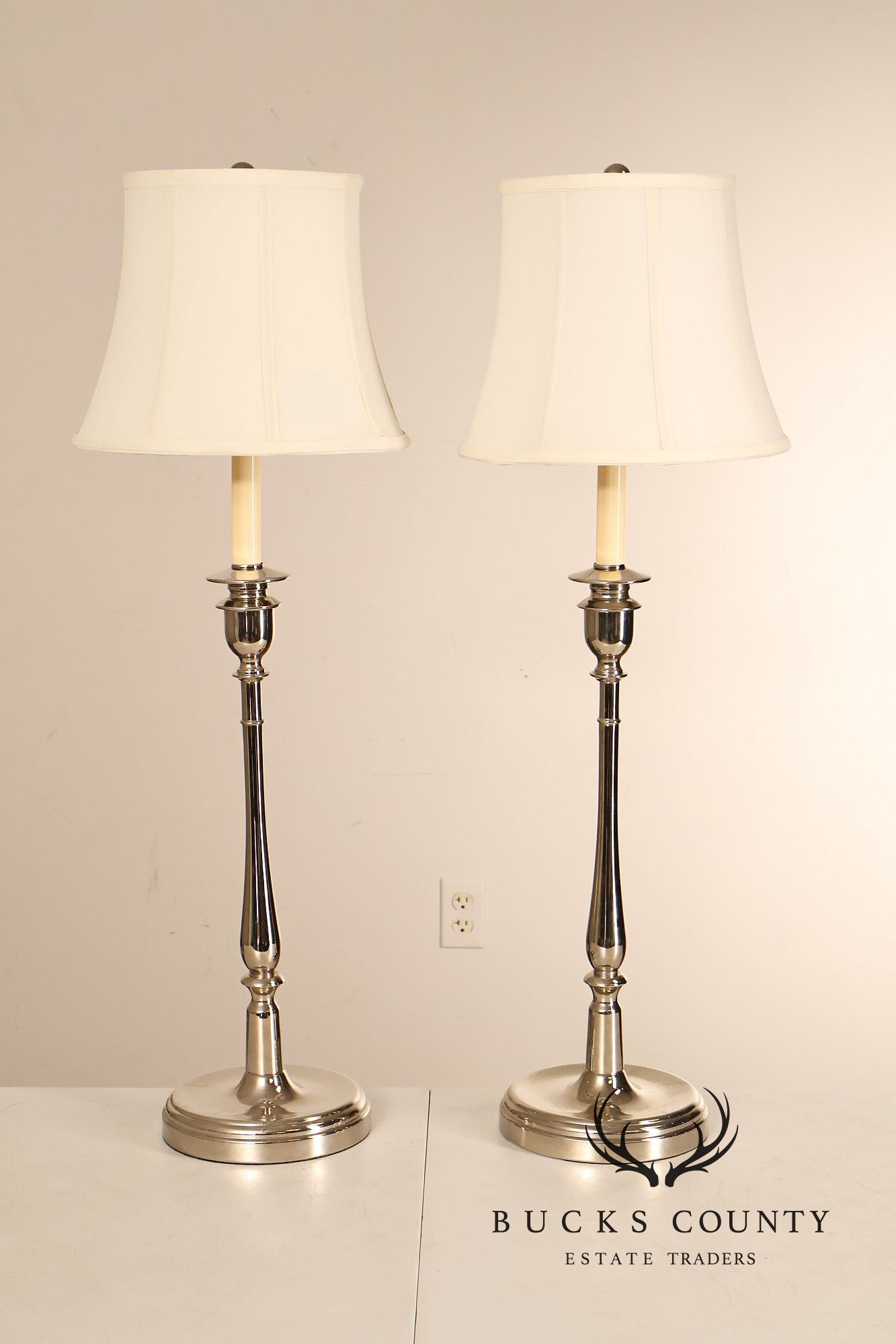 Ralph Lauren Pair of Chrome Candlestick Table Lamps