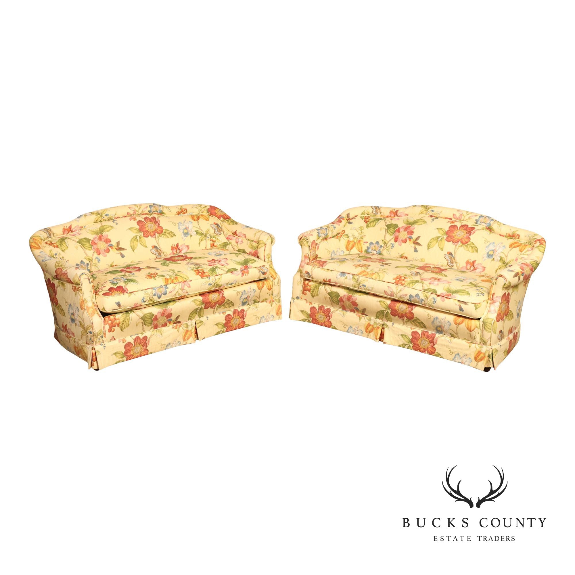 Custom Upholstered Pair Of Floral Chintz Skirted Loveseats