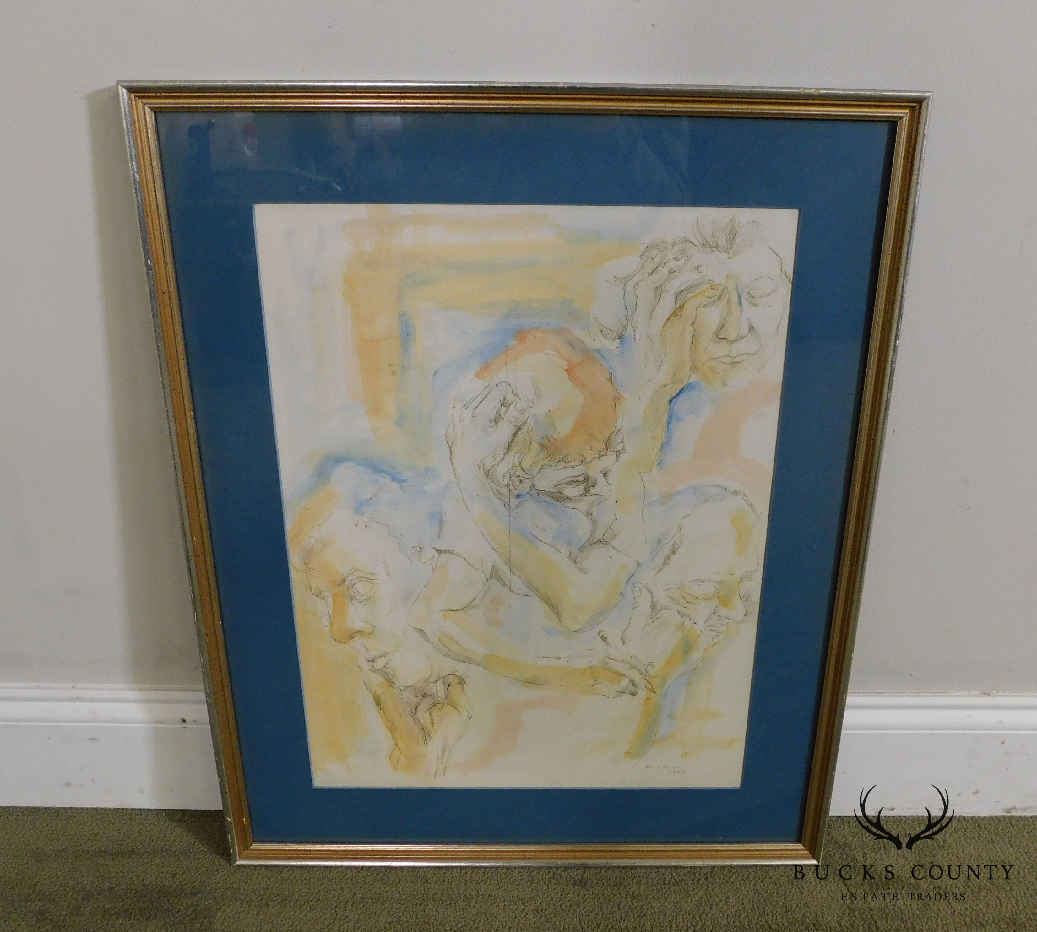 Blue Matted Portrait Sketch w/ Watercolor