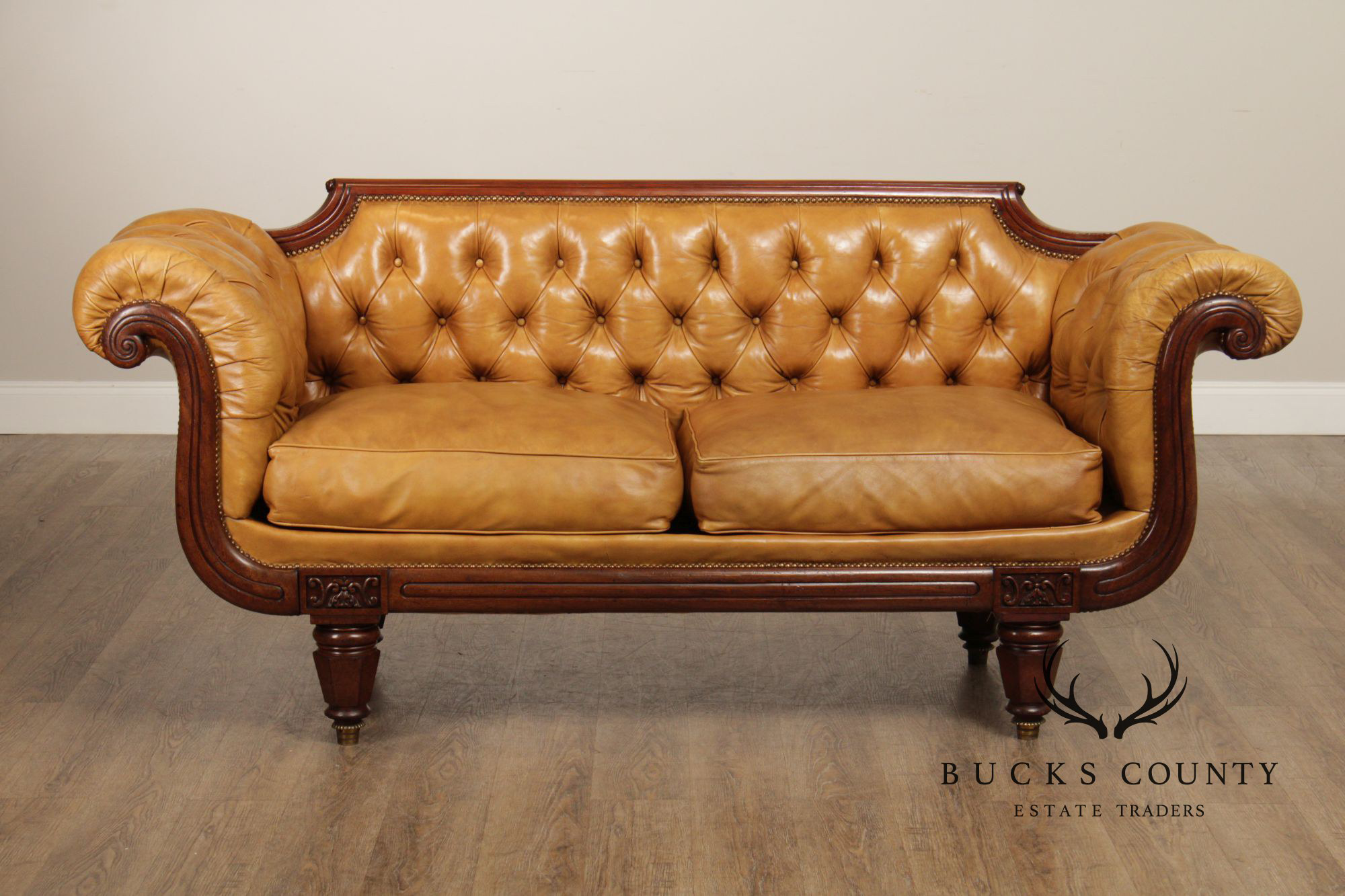 Antique English Regency Mahogany and Tufted Leather Sofa