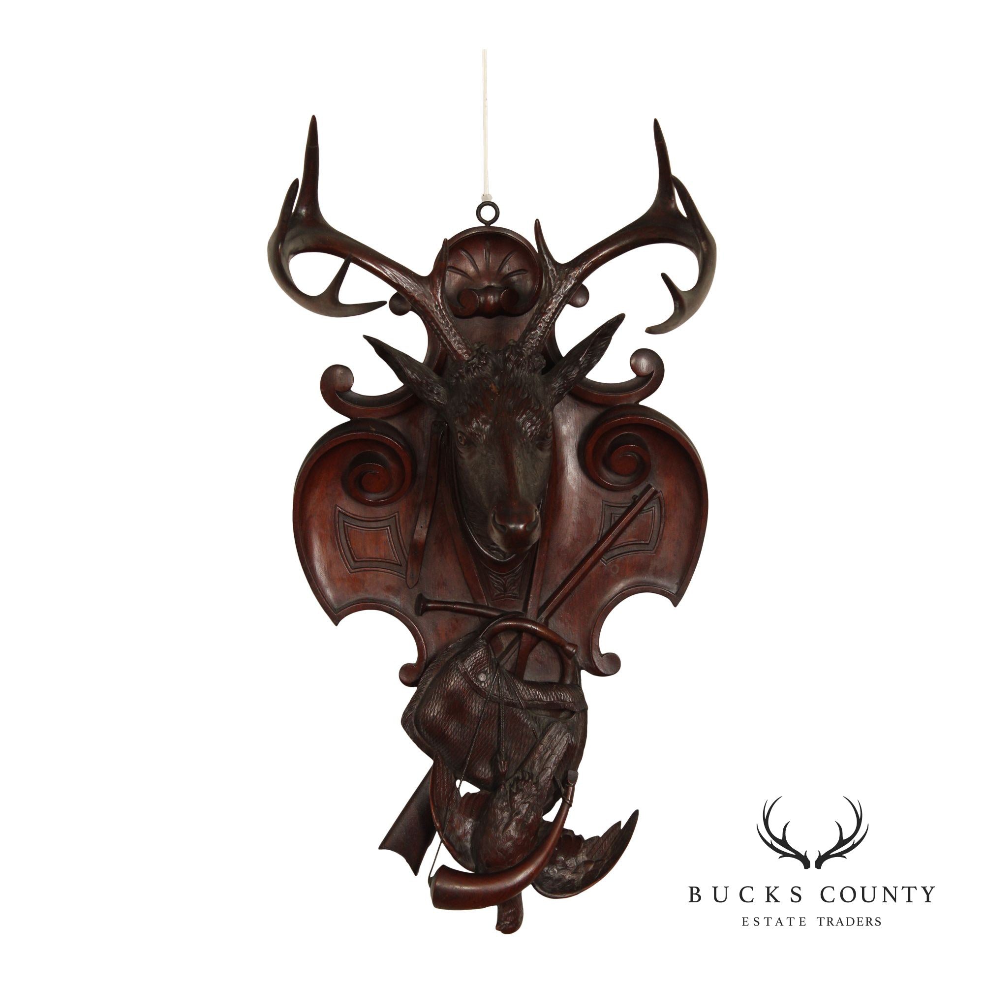 Antique German Black Forest Deer Hunting Trophy Plaque