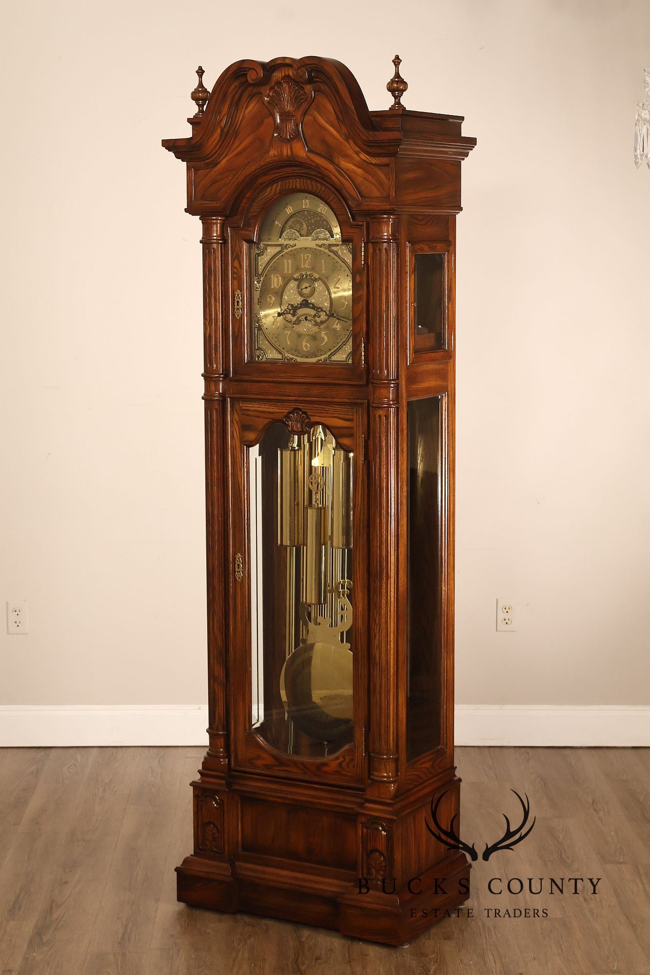 Sligh Traditional Oak Triple Chime Grandfather Clock With Moon Phase Dial