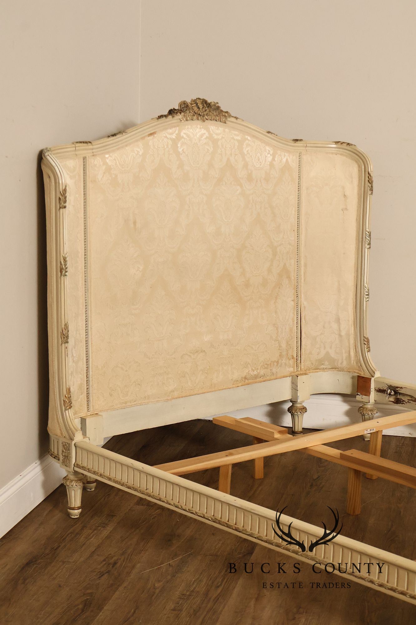 Antique French Louis XVI Style Painted & Upholstered Full Size Bed Frame