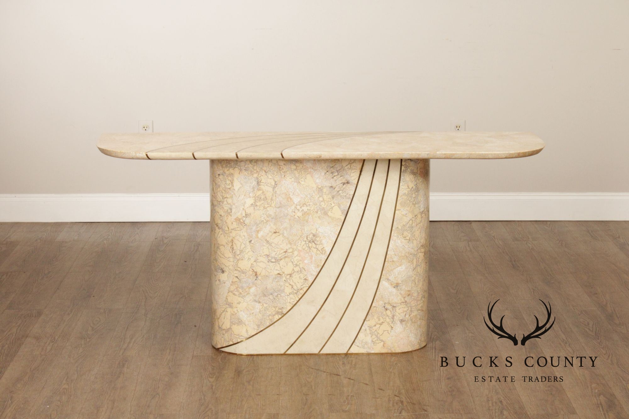 Hollywood Regency Tessellated Stone Brass Inlaid Console Table