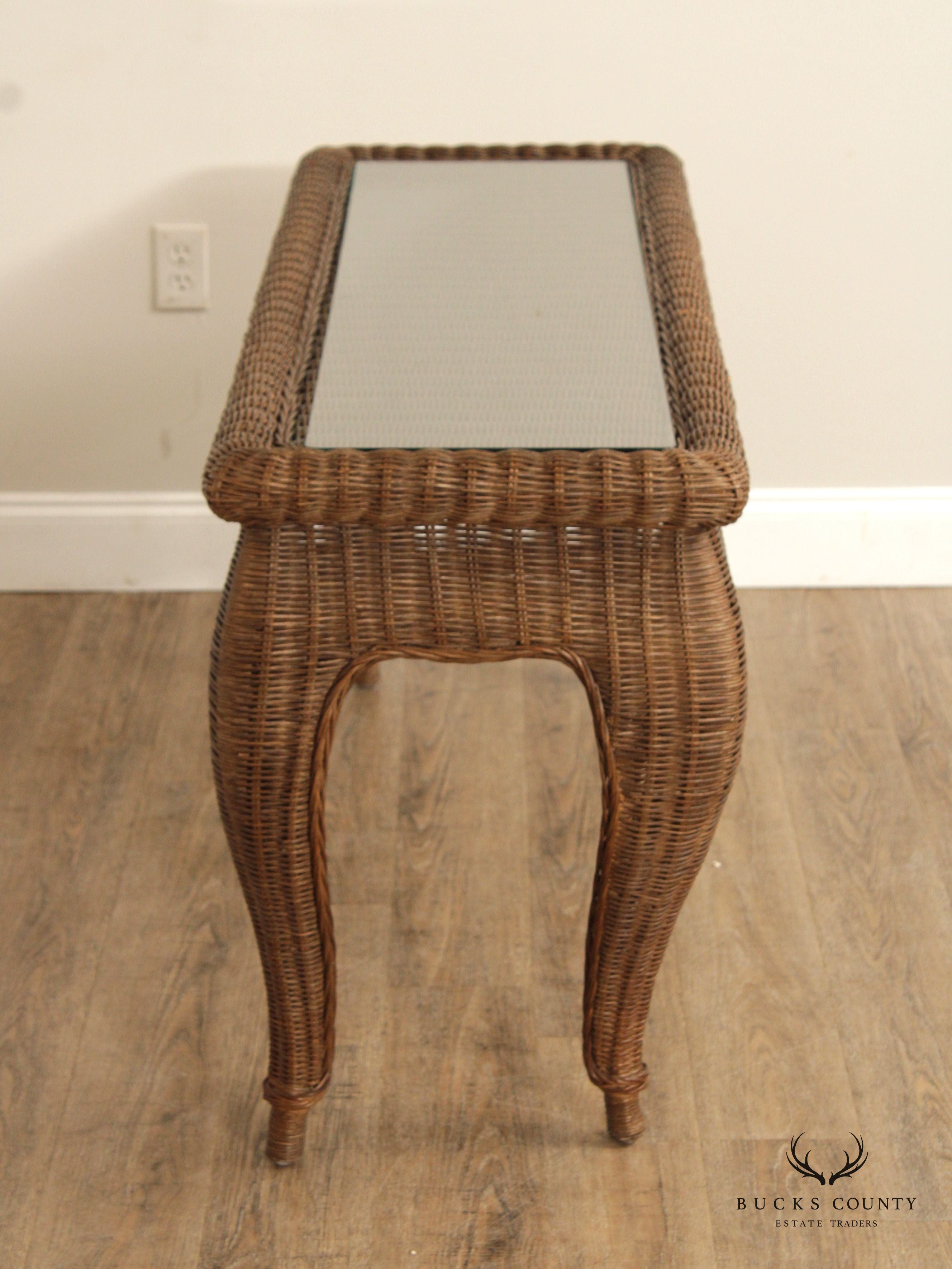 ETHAN ALLEN VICTORIAN STYLE VINTAGE WICKER CONSOLE TABLE