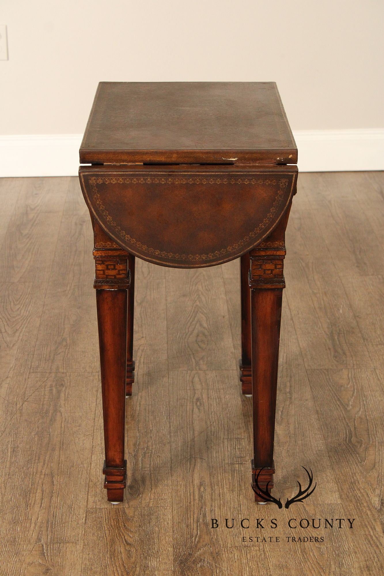 Neoclassical Style Leather Wrapped Drop-Leaf Side Table