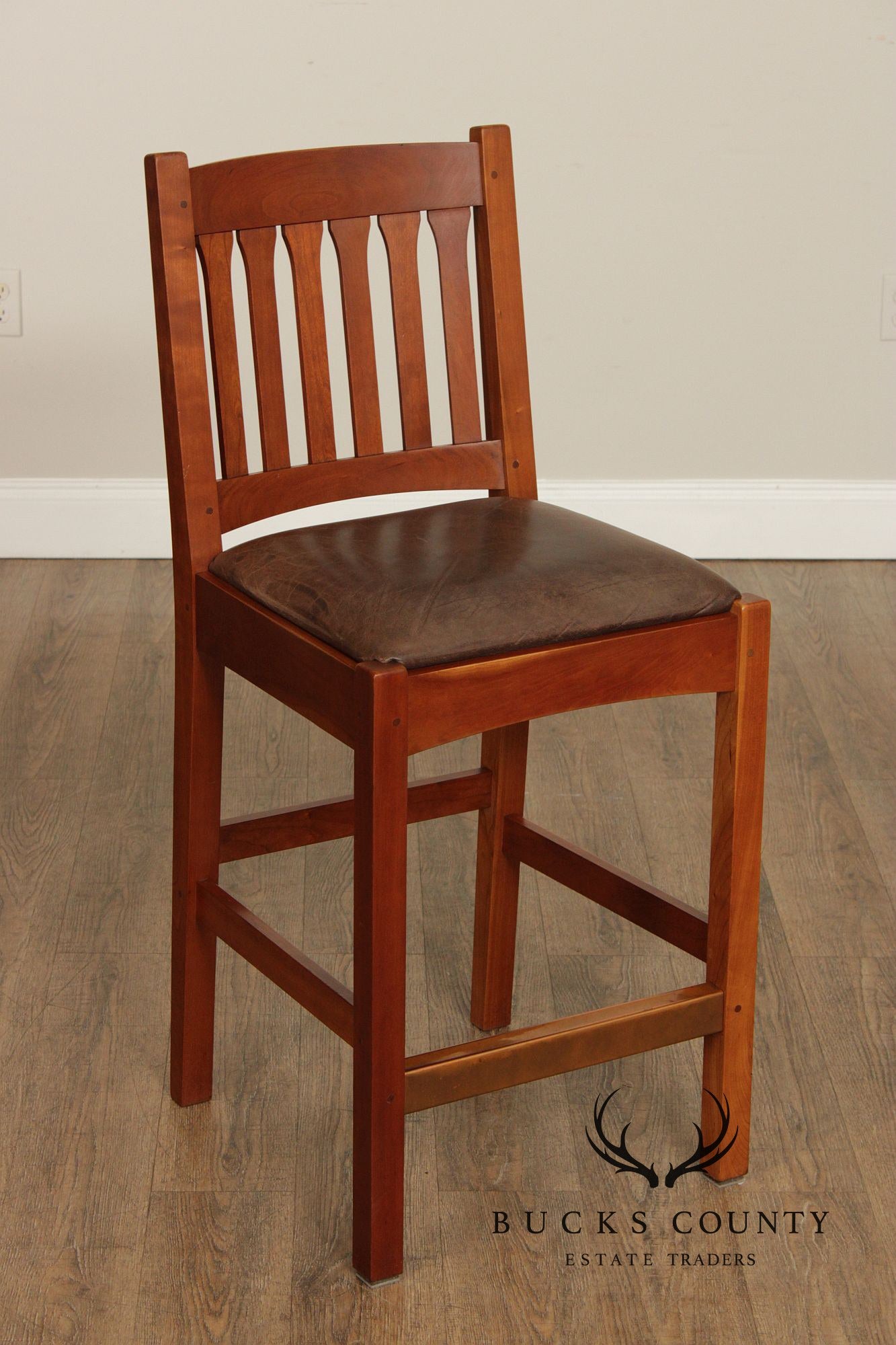 Stickley Mission Collection Pair of Cherry and Leather Slat Back Stools