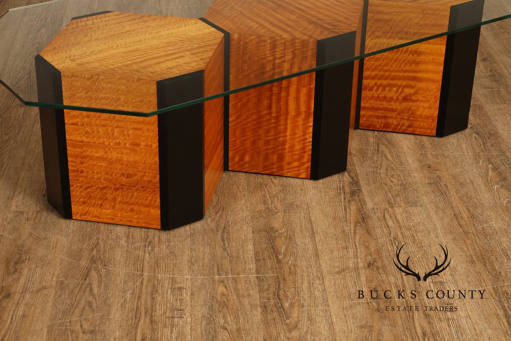 Honeycomb Style Glass Top Coffee Table With Figured Wood Base