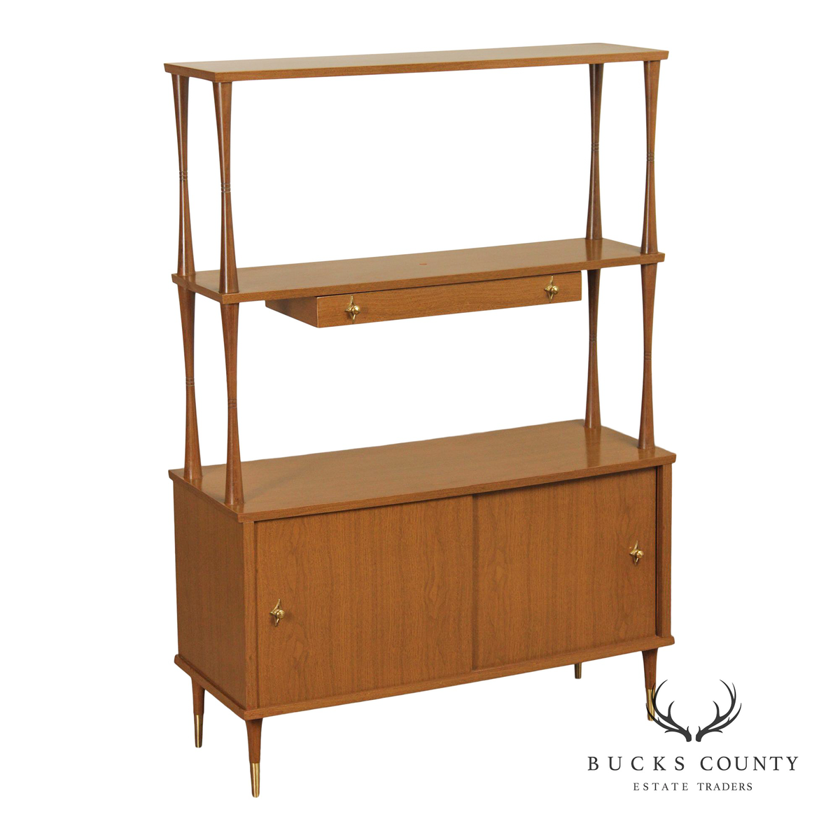 Mid Century Modern Walnut Room Divider Étagère With Brass Accents