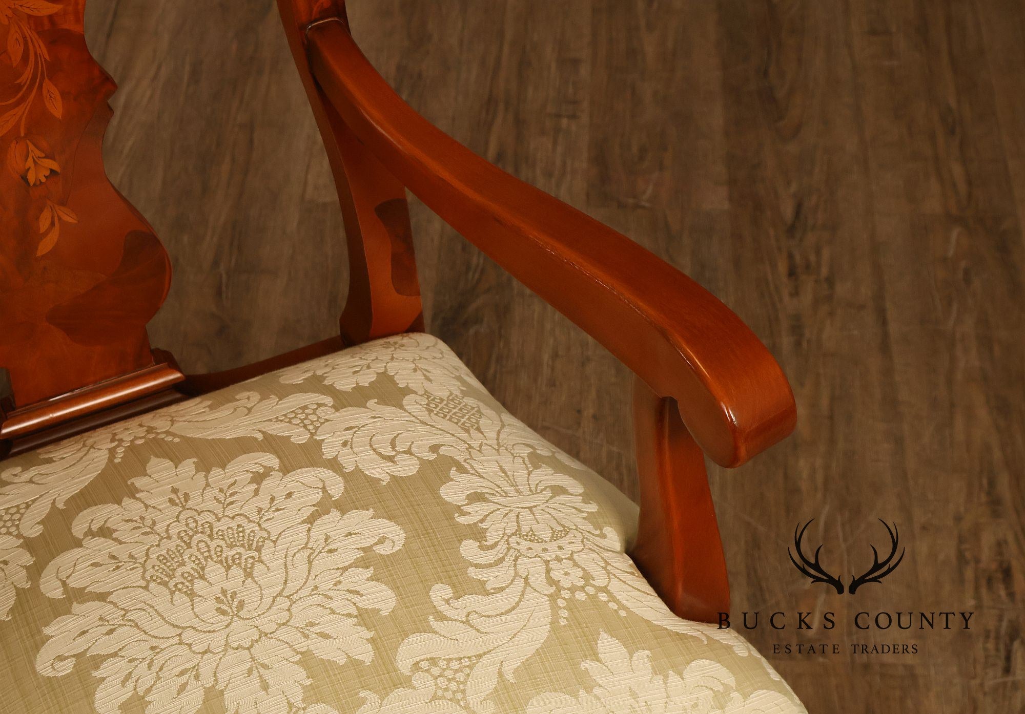 Italian Baroque Style Set of Eight Inlaid Olive Wood Dining Chairs