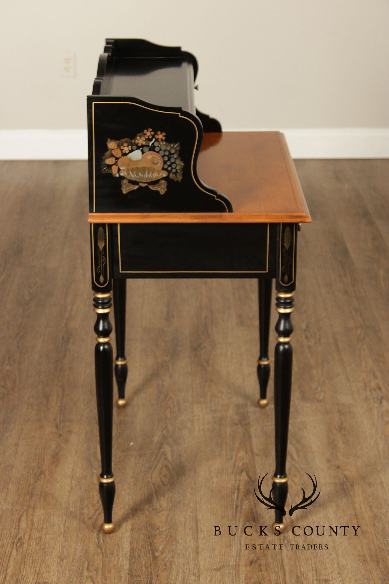 Ethan Allen Hitchcock Style Hand Painted Black Lacquer Writing Desk