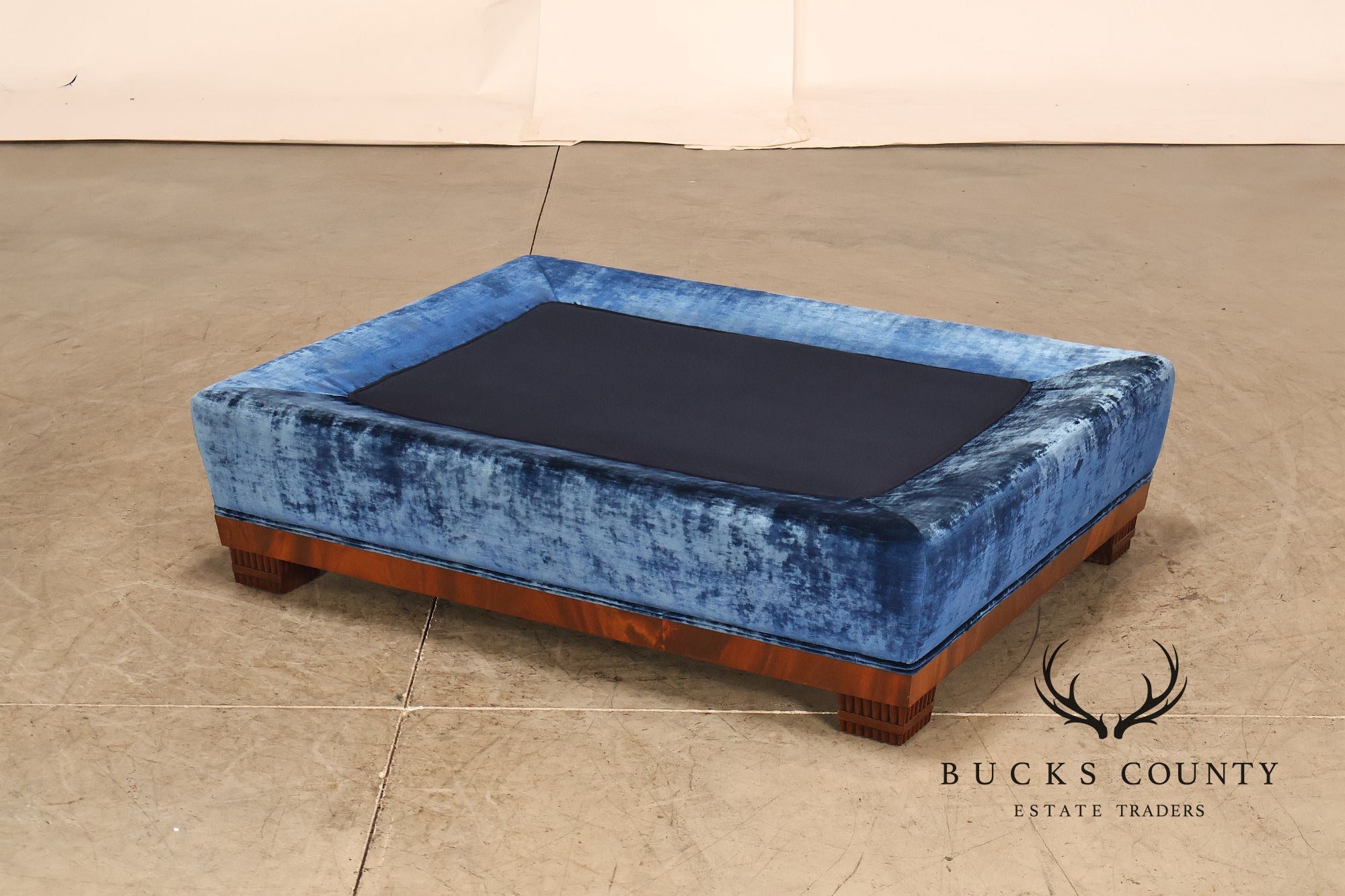 Art Deco Style Large Custom Blue Velvet and Mahogany Ottoman