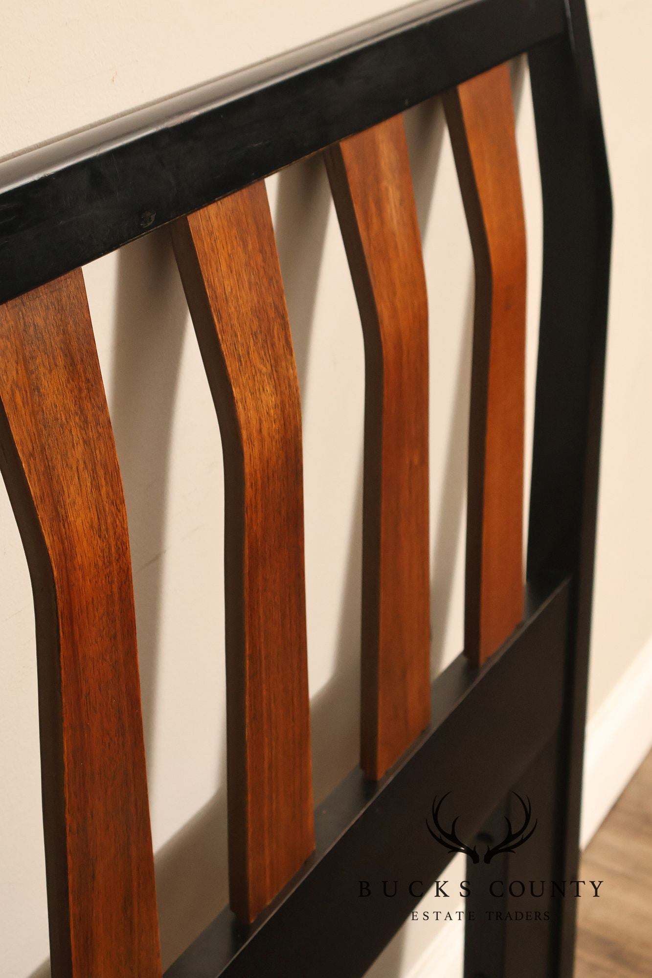 Mid Century Modern King Size Headboard with Ebony Frame and Walnut Bentwood Slats
