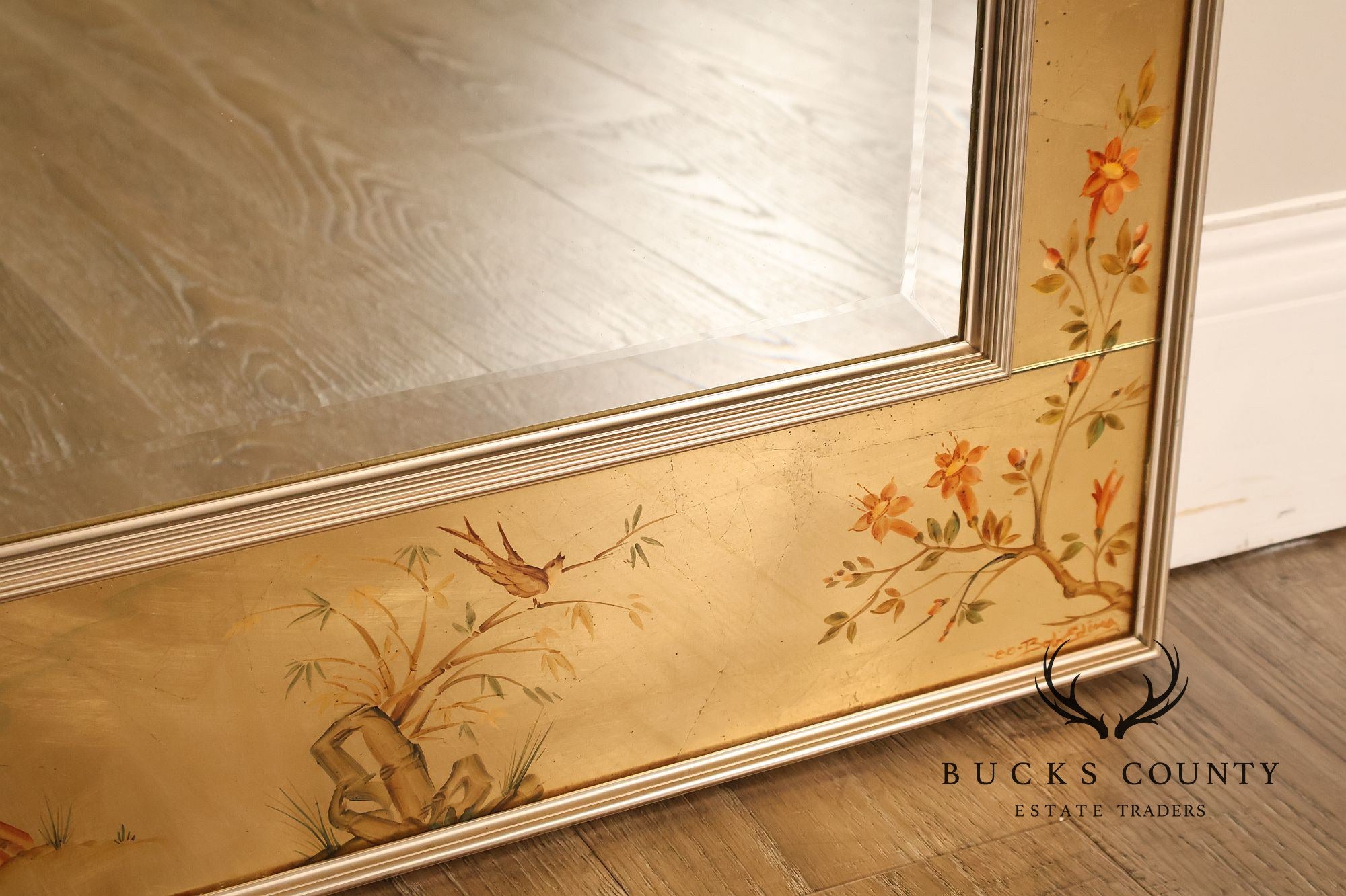 LaBarge Chinoiserie Eglomise Brass Wall Mirror