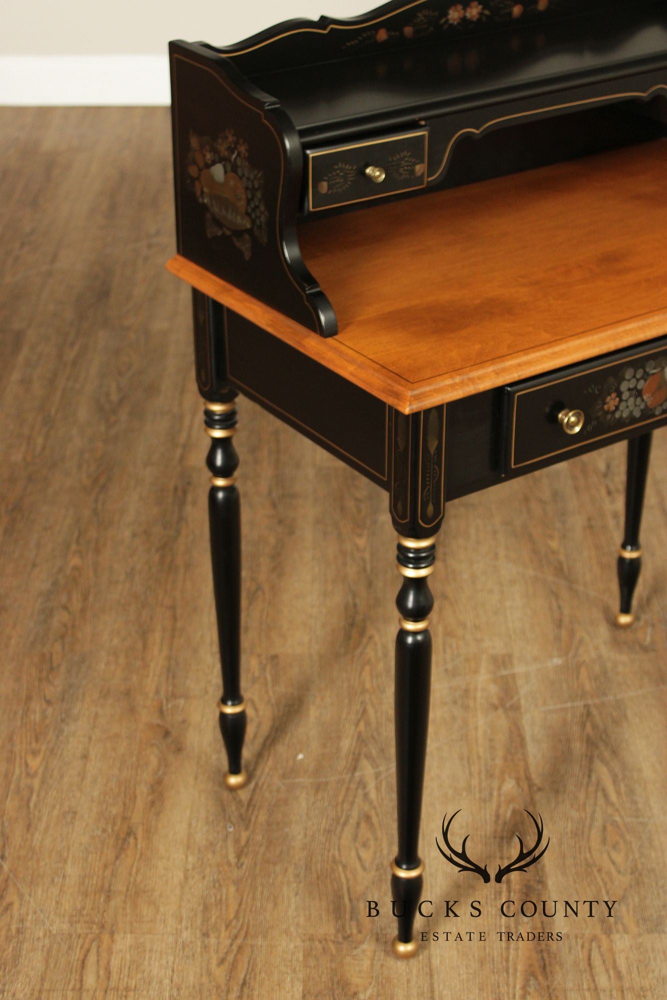 Ethan Allen Hitchcock Style Hand Painted Black Lacquer Writing Desk