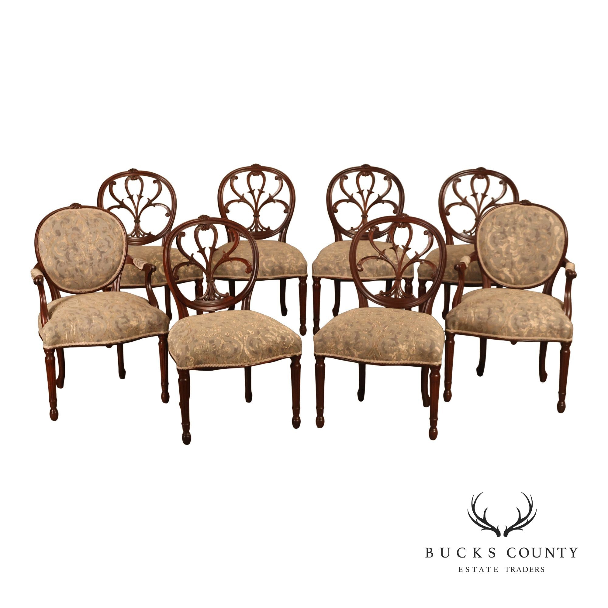 Hepplewhite Inspired Set Of Eight Mahogany Carved Oval Back Dining Chairs