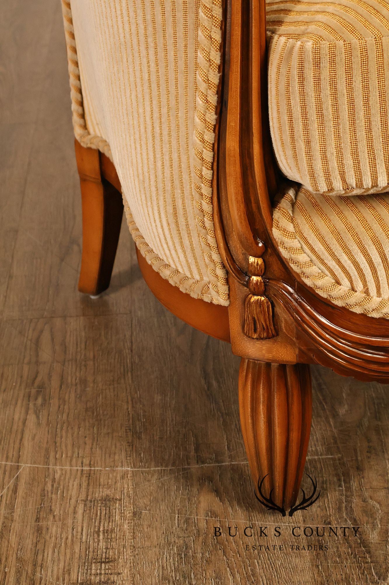 Medea Furniture Pair of Louis XVI Style Carved Bergere Armchairs With Gold Striped Velvet Upholstery