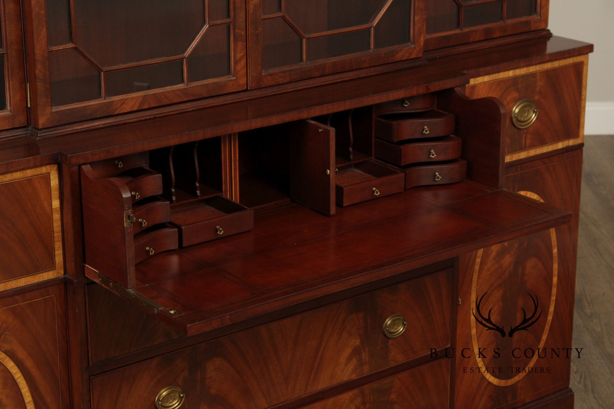 1940's Georgian Style Mahogany Breakfront Secretary Bookcase With Inlaid Detailing