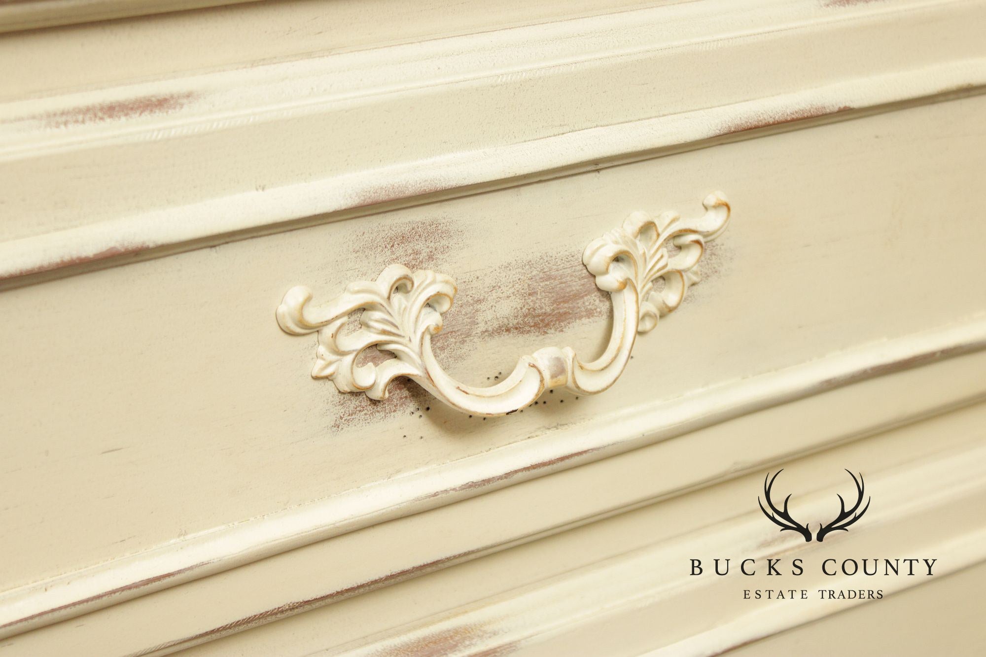 Lane French Provincial Style Pair of Distressed Cream Painted Nightstands