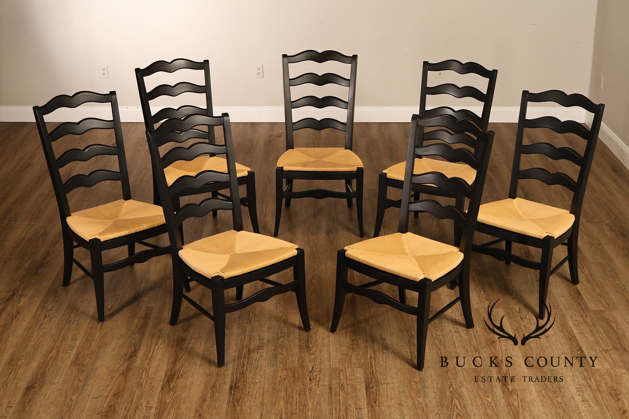Ethan Allen 'Maison' Set of Seven French Country Style Rush Seat Dining Chairs